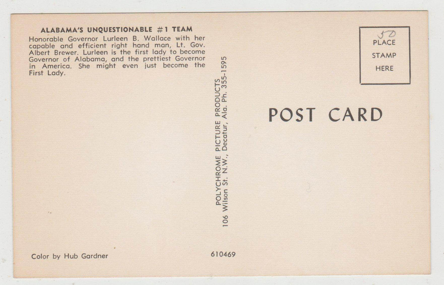 Alabama Governor Lurleen Wallace Lt Gov Albert Brewer Postcard 1967 - TulipStuff