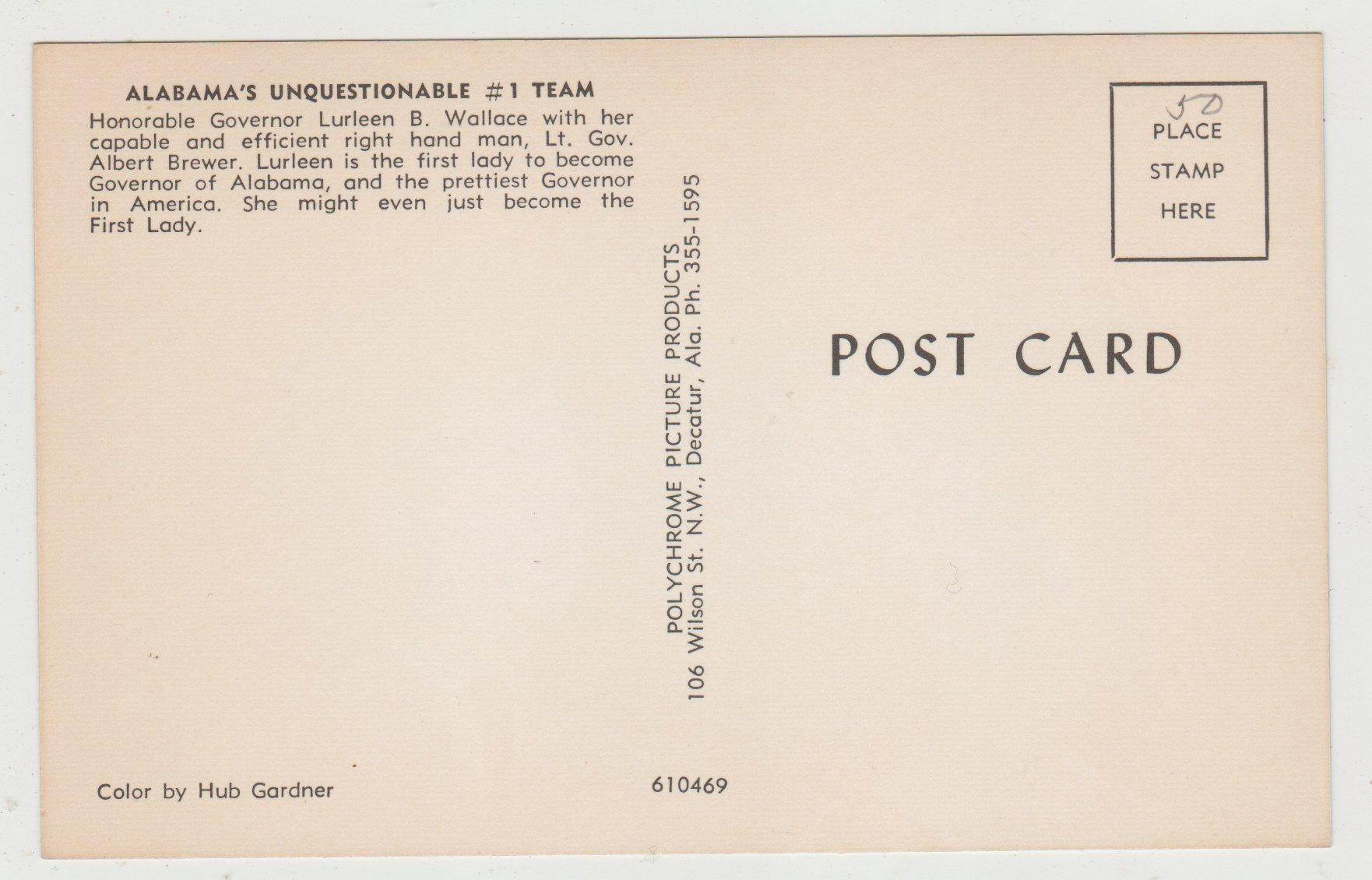 Alabama Governor Lurleen Wallace Lt Gov Albert Brewer Postcard 1967 - TulipStuff