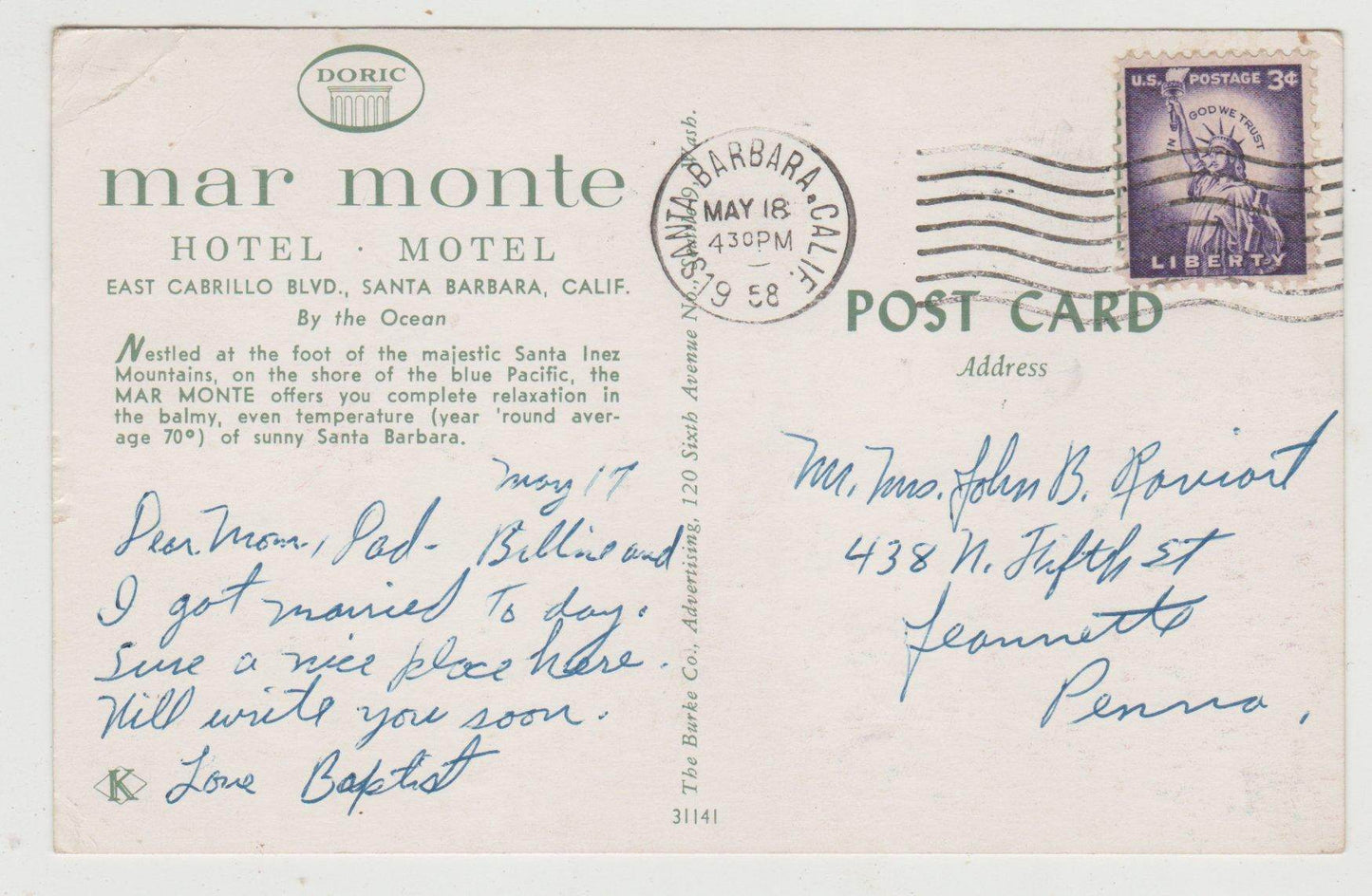 Mar Monte Hotel Motel Santa Barbara California Postcard 1958 - TulipStuff