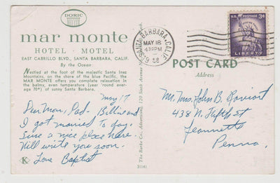 Mar Monte Hotel Motel Santa Barbara California Postcard 1958 - TulipStuff