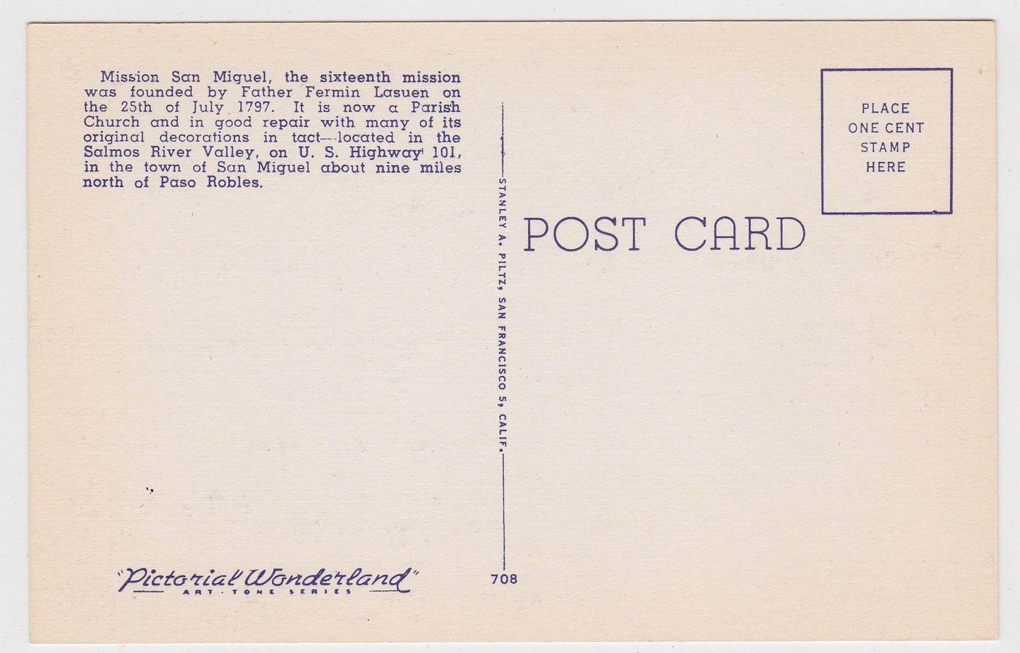 Mission San Miguel Salmos River Valley US Hwy 101 California 1940's - TulipStuff