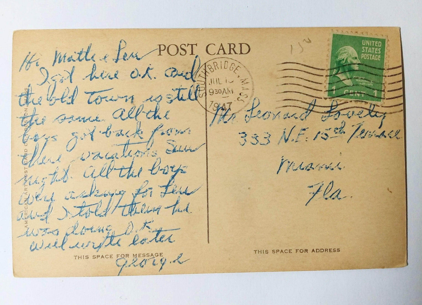 Notre Dame Church Southbridge Massachusetts Postcard 1947 - TulipStuff