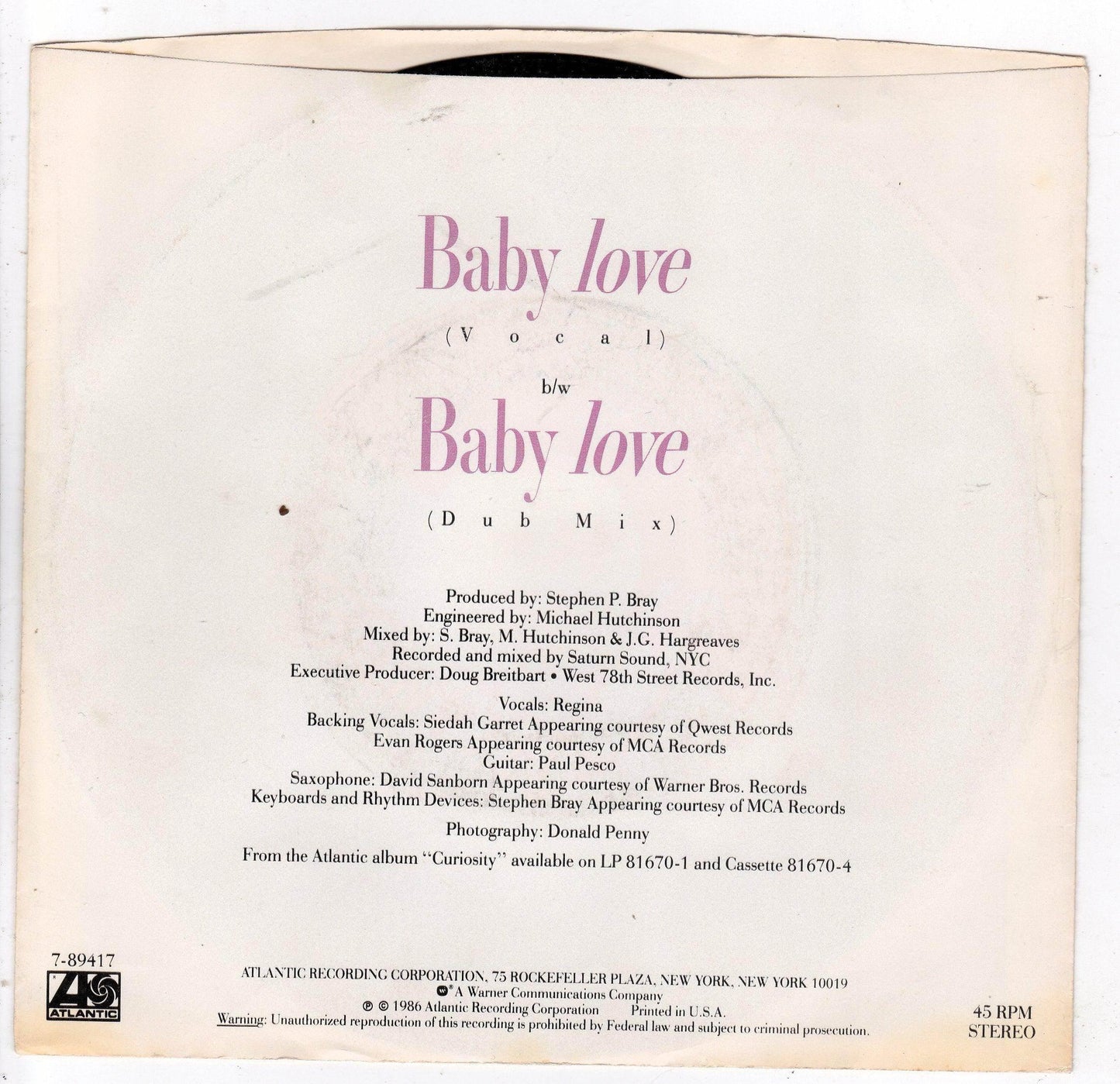 Regina Baby Love 7" 45 RPM Vinyl Record SynthPop 1986 - TulipStuff