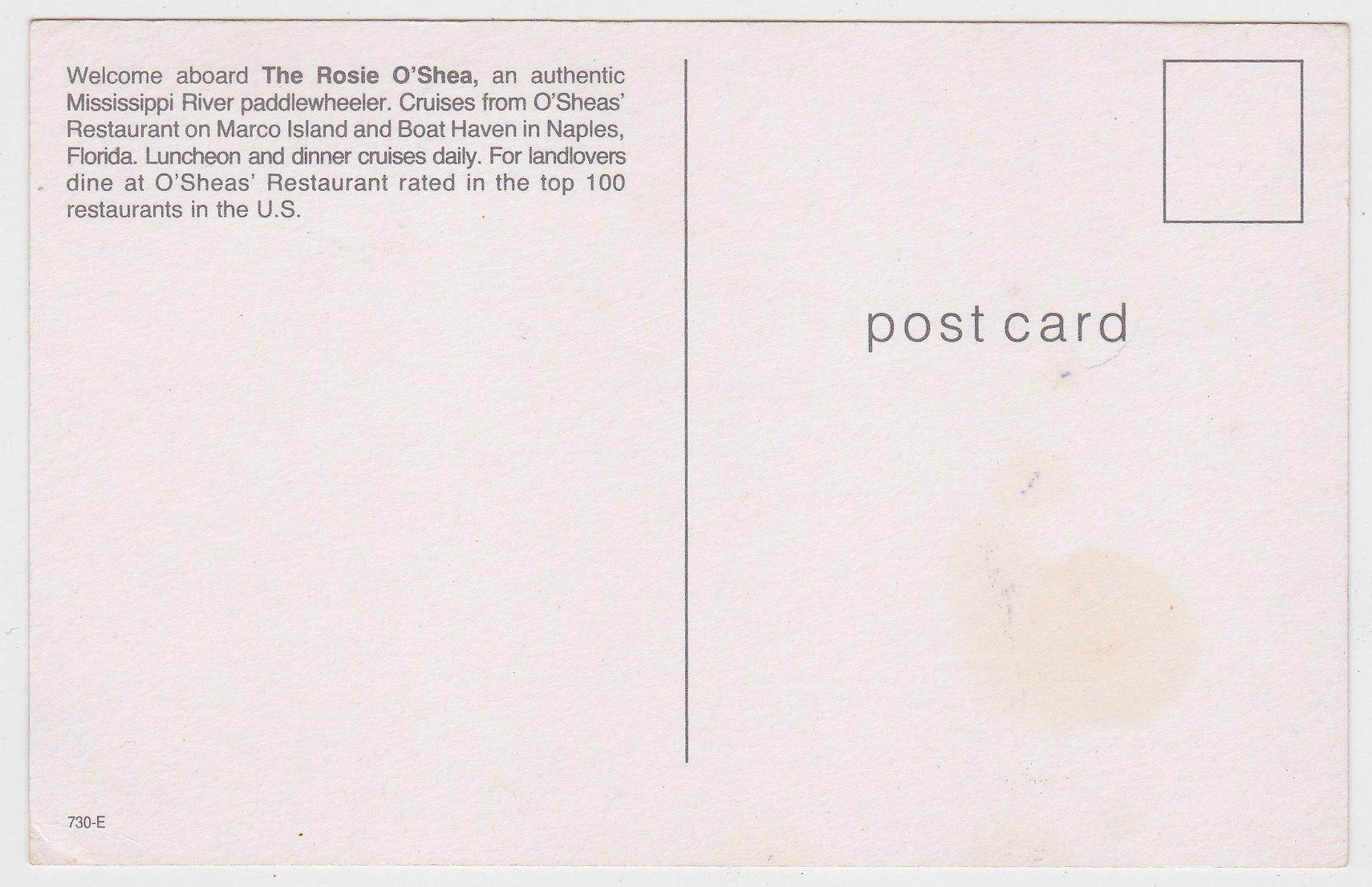 Rosie O'Shea Paddlewheeler Marco Island Naples Florida Postcard - TulipStuff