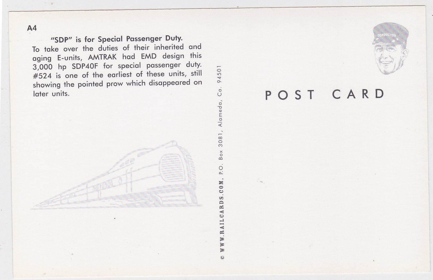 Amtrak EMD SDP40F Passenger Train Locomotive Postcard - TulipStuff
