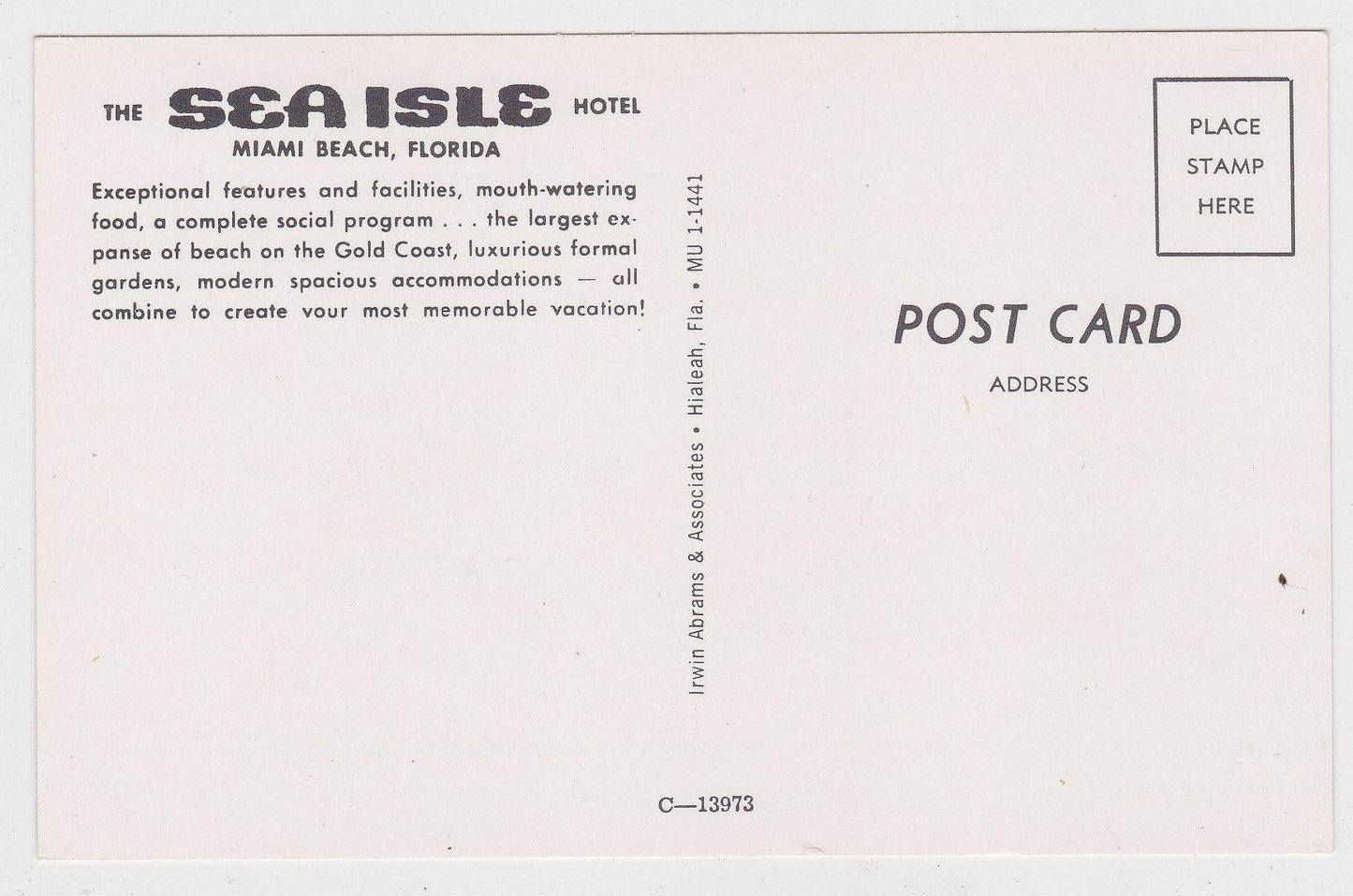 The Sea Isle Hotel Miami Beach Florida Mid 1950's Postcard - TulipStuff