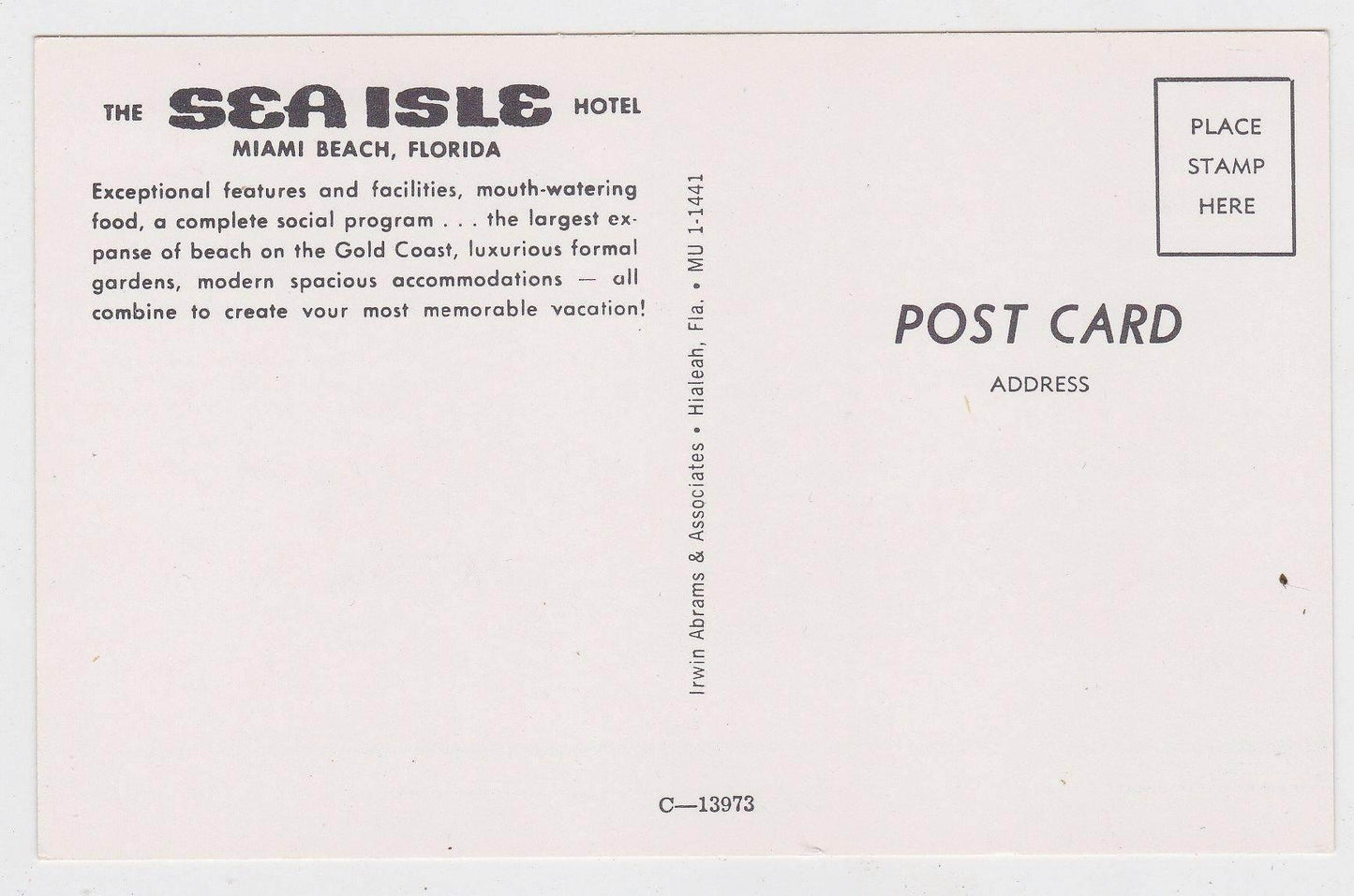 The Sea Isle Hotel Miami Beach Florida Mid 1950's Postcard - TulipStuff