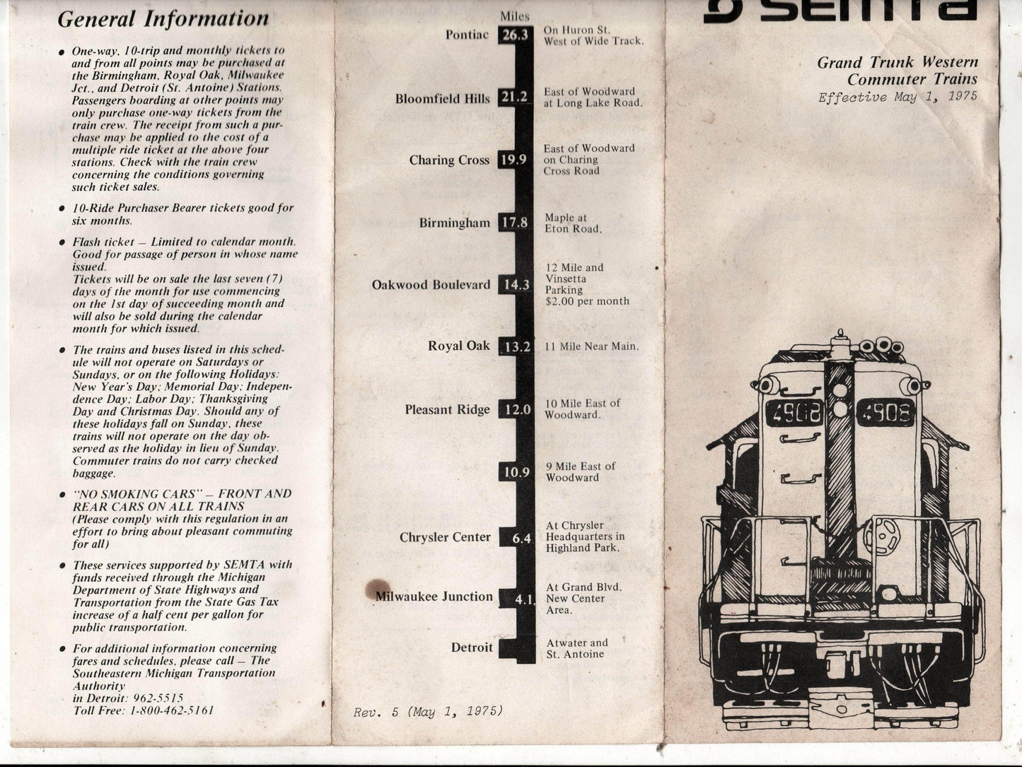SEMTA Grand Trunk Commuter Trains Schedule Detroit Pontiac 1975 - TulipStuff