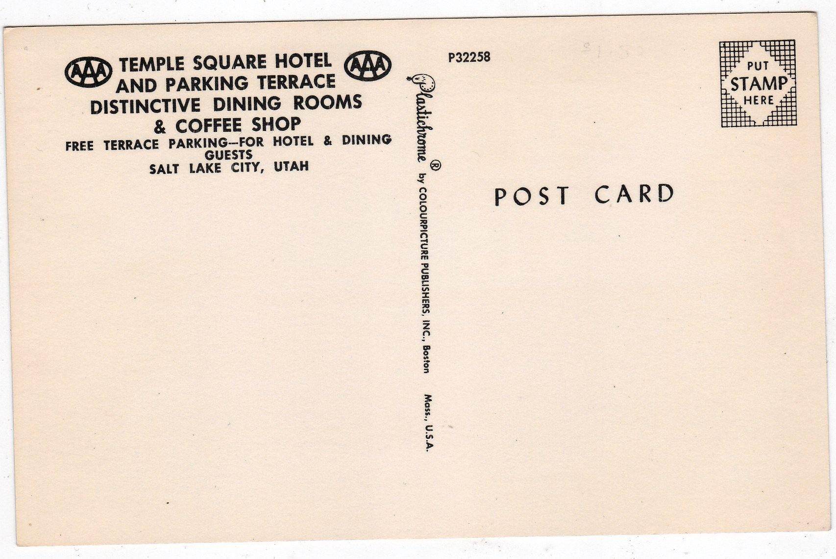 Temple Square Hotel and Dining Room Salt Lake City Utah 1950's Postcard - TulipStuff