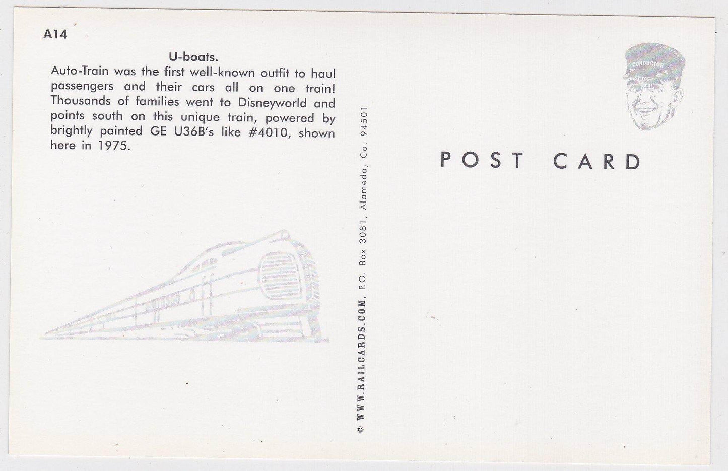 Auto-Train GE U36B Passenger Train Locomotive Postcard - TulipStuff
