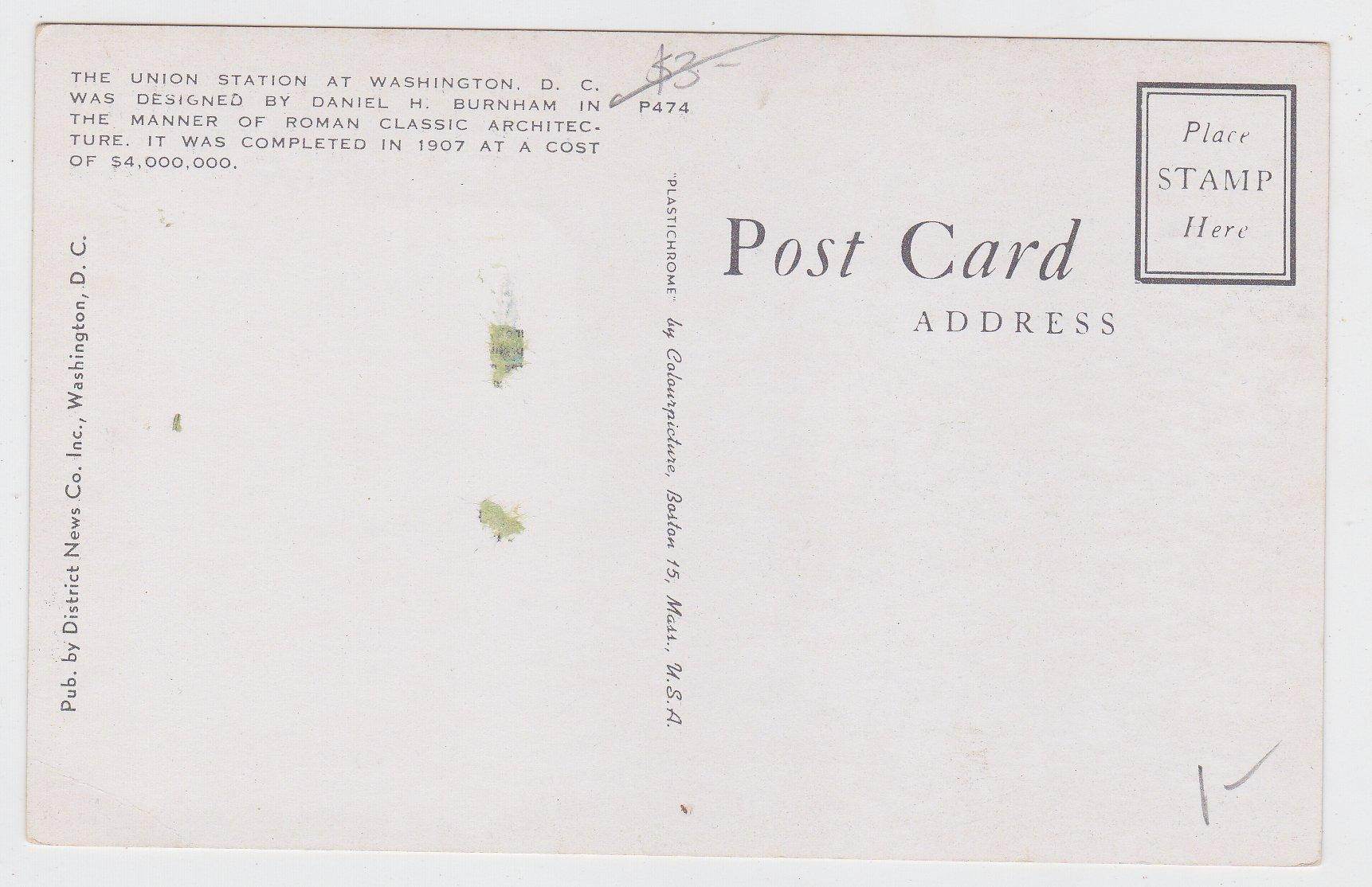 Union Station Washington DC Late 1940's Postcard - TulipStuff