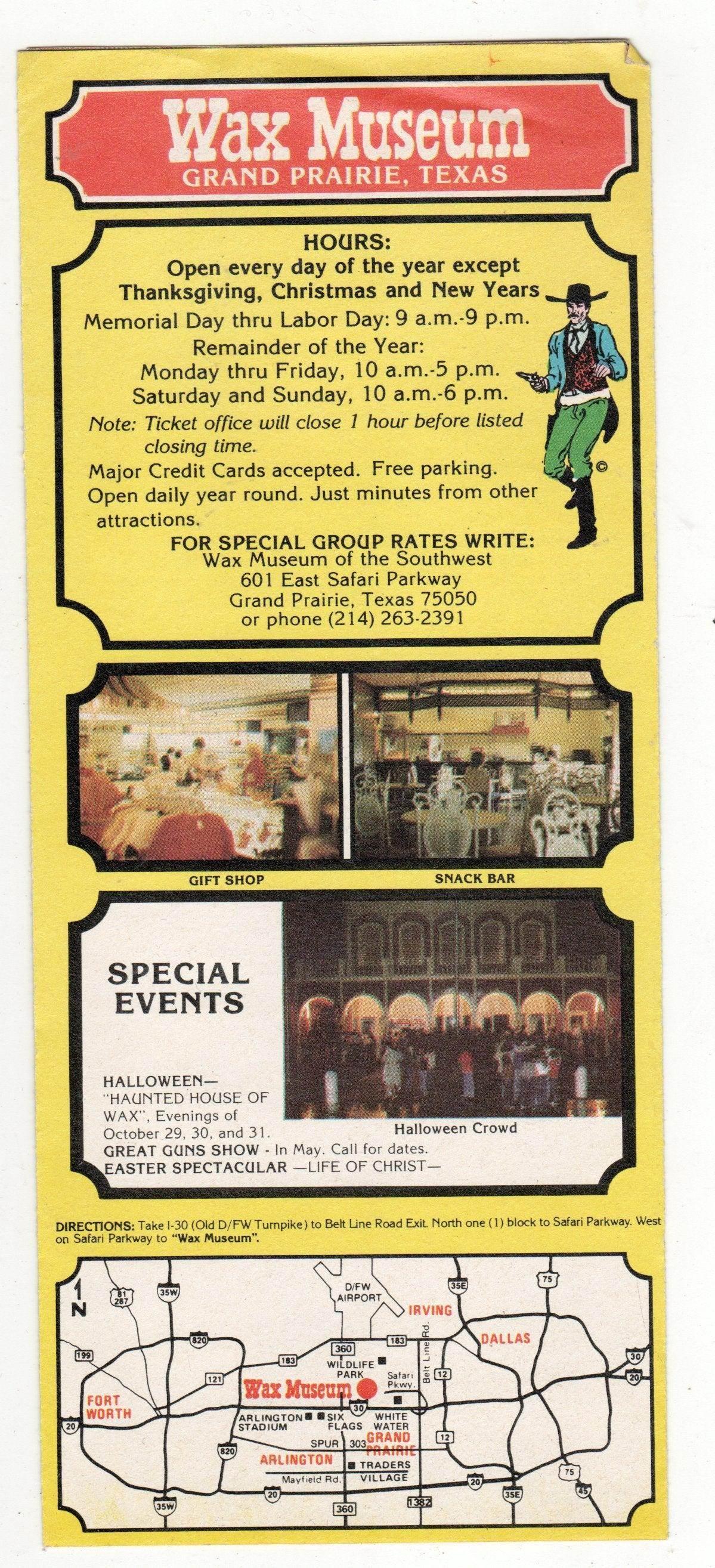 Wax Museum of the Southwest Grand Prairie Texas 1982 Brochure - TulipStuff