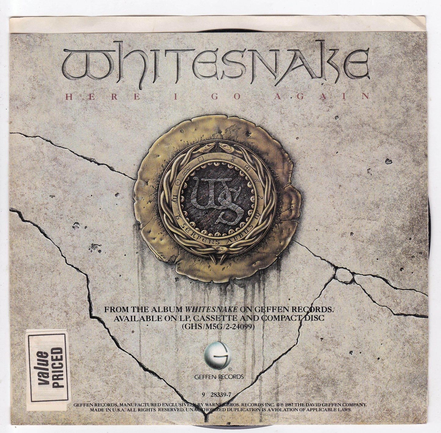 Whitesnake Here I Go Again 7" 45RPM Vinyl Record 1987 Metal - TulipStuff