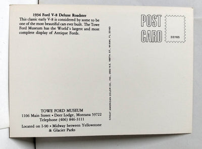 1934 Ford V-8 Deluxe Roadster Automobile Towe Ford Museum Postcard - TulipStuff