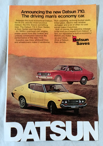 1974 Datsun 710 2-Door Sedan Driving Mans Economy Car Vintage Print Ad - TulipStuff