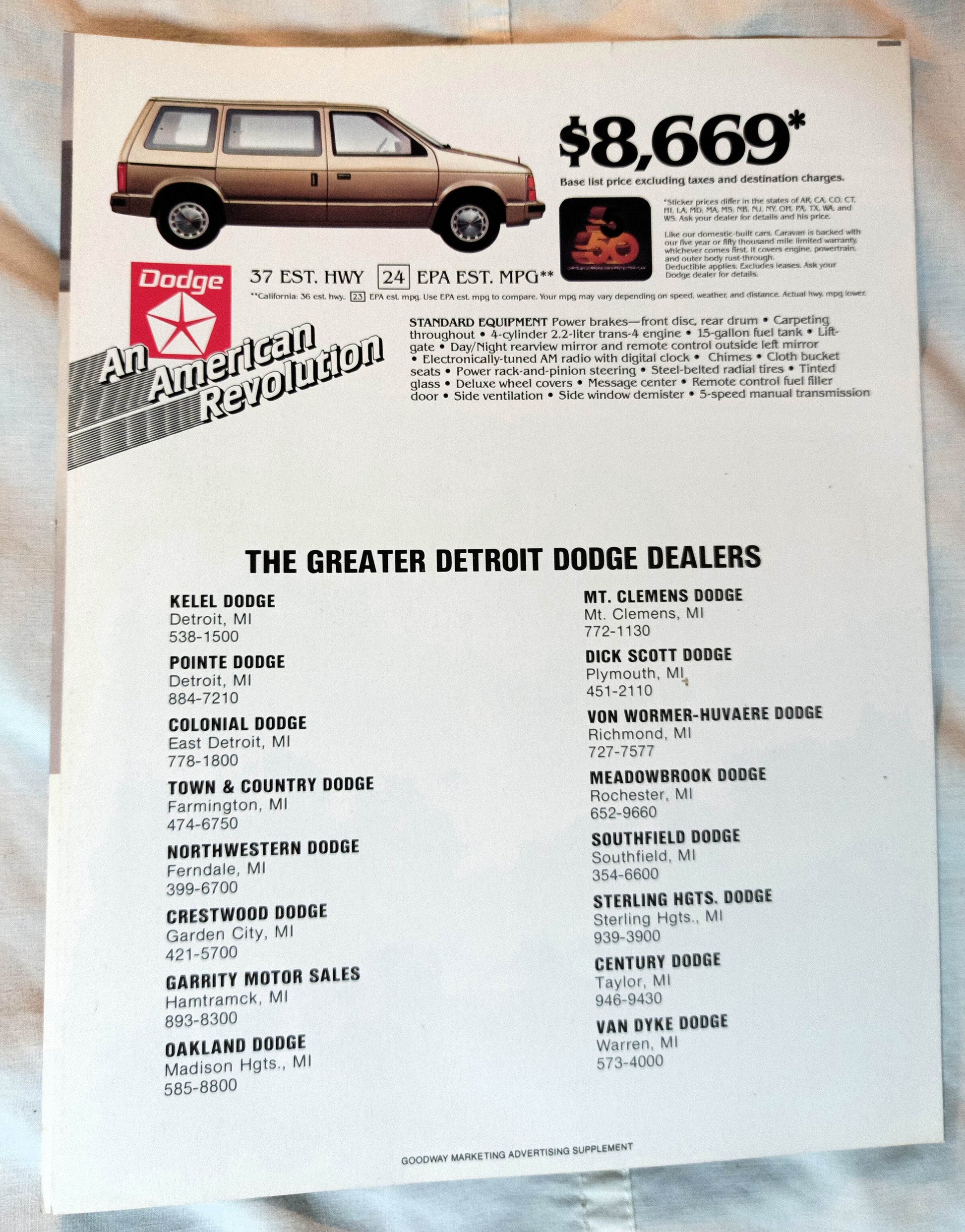 1984 Dodge Caravan Detroit Area Dealers Sales Brochure - TulipStuff