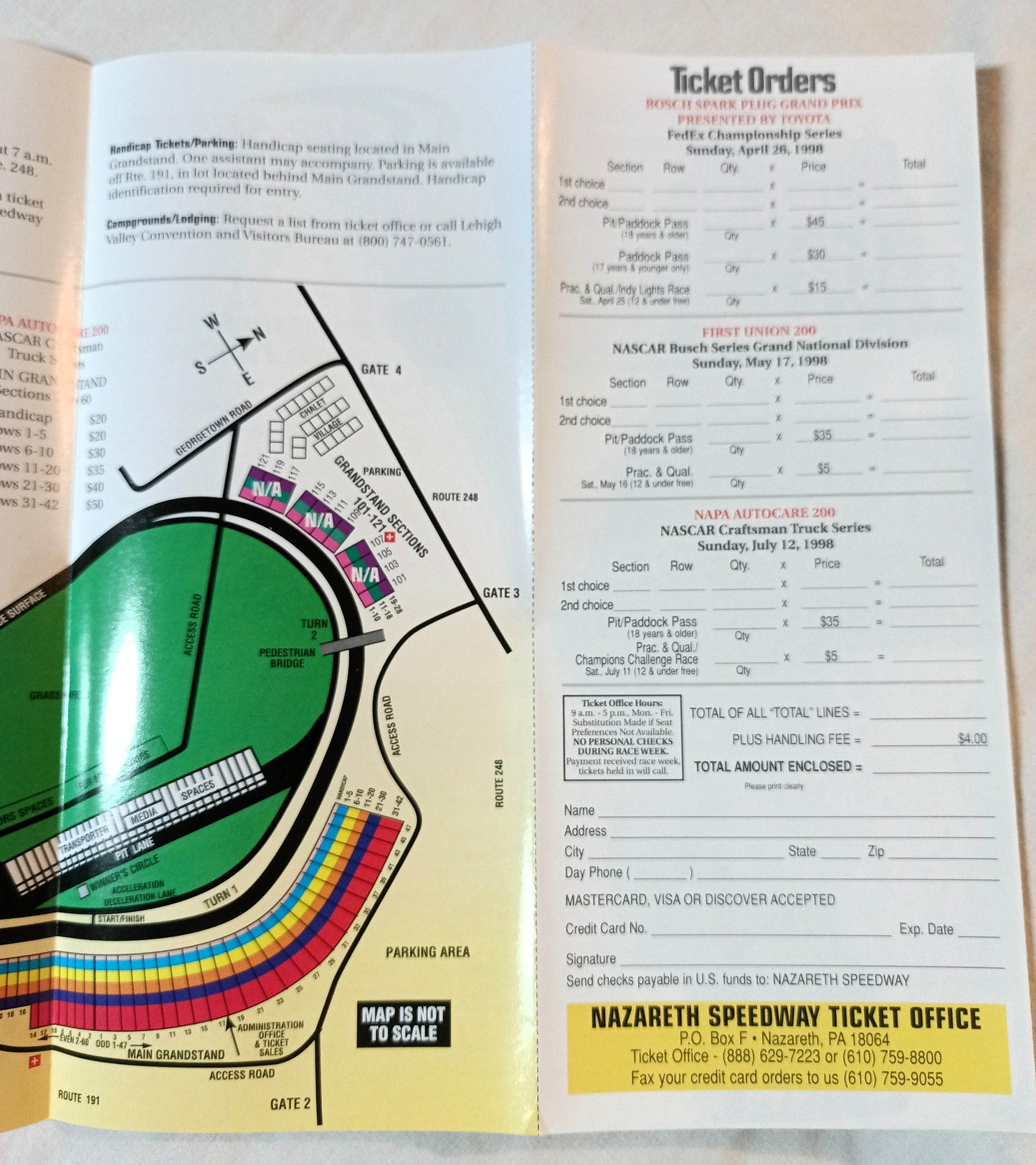 Nazareth Speedway 1998 Race Schedule Info Brochure Pennsylvania - TulipStuff