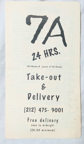 7A Cafe Avenue A NYC Restaurant Takeout Menu Early 2000's - TulipStuff