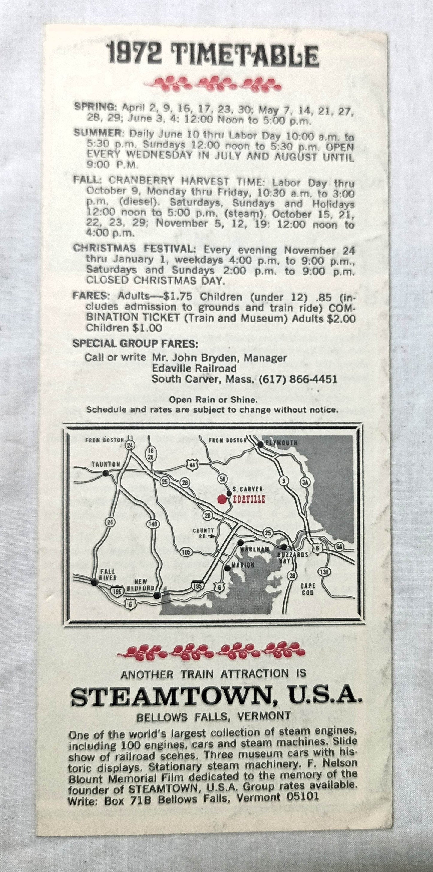Edaville Railroad 1972 Timetable Brochure Narrow Gauge Steam Powered RR - TulipStuff
