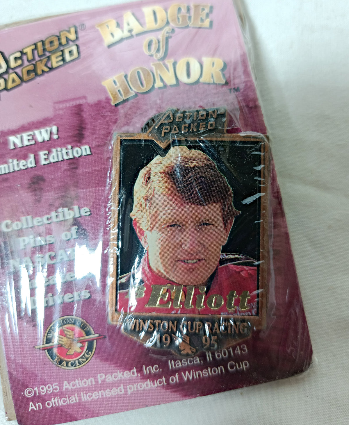 Action Packed Badge Of Honor Bill Elliott 1995 Winston Cup Collectible Pin - TulipStuff