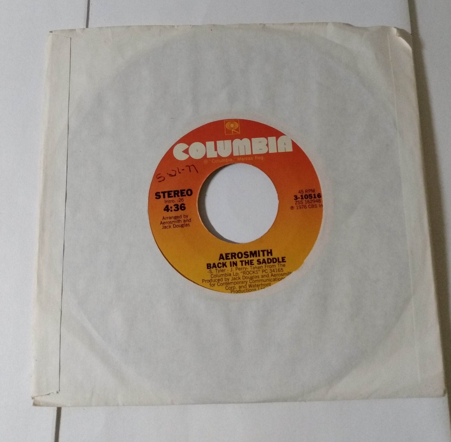 Aerosmith Back In The Saddle / Nobody's Fault 7" Vinyl Columbia 1977 - TulipStuff