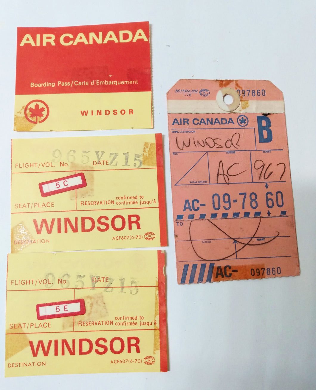 Air Canada Windsor Ontario Boarding Passes Luggage Tag Vintage 1970 - TulipStuff