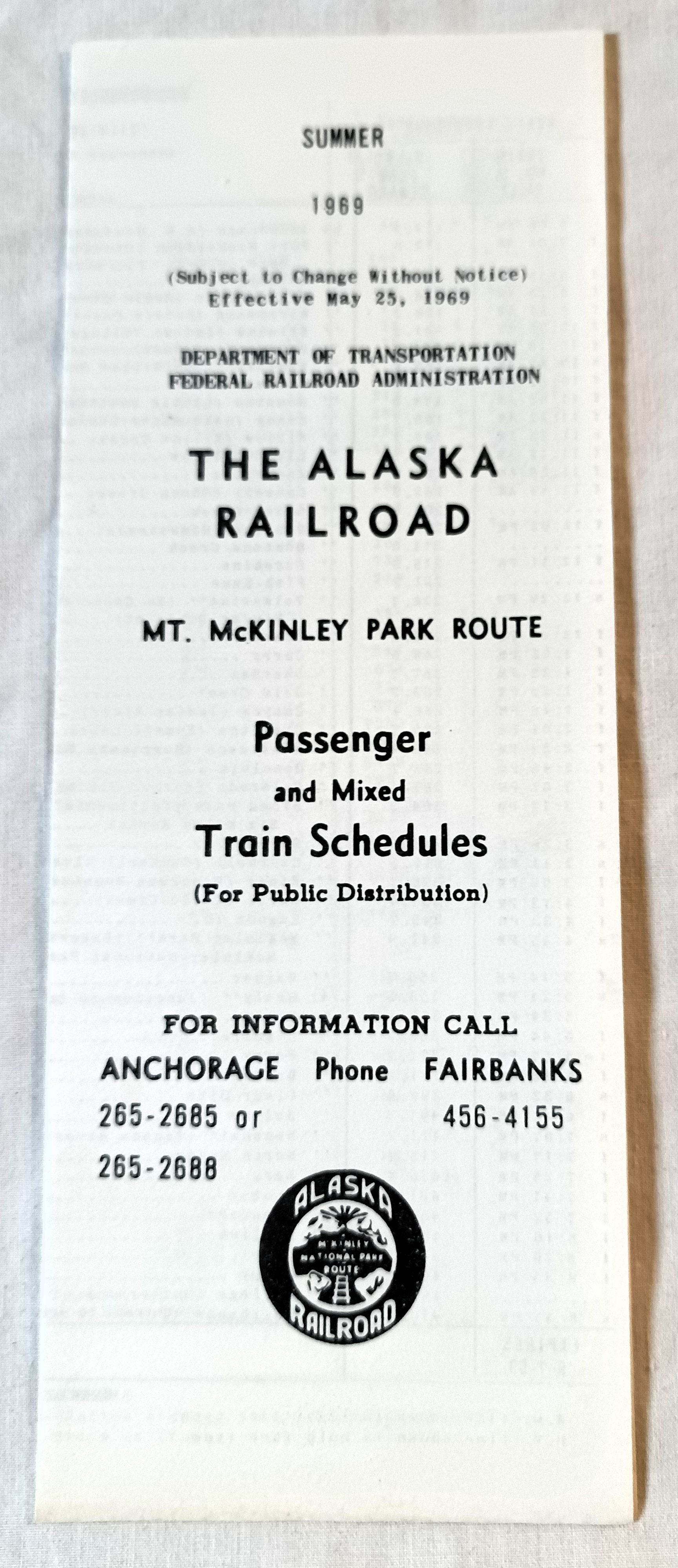 Alaska Railroad Mt McKinley Park Route Passenger Train Schedule 1969 - TulipStuff