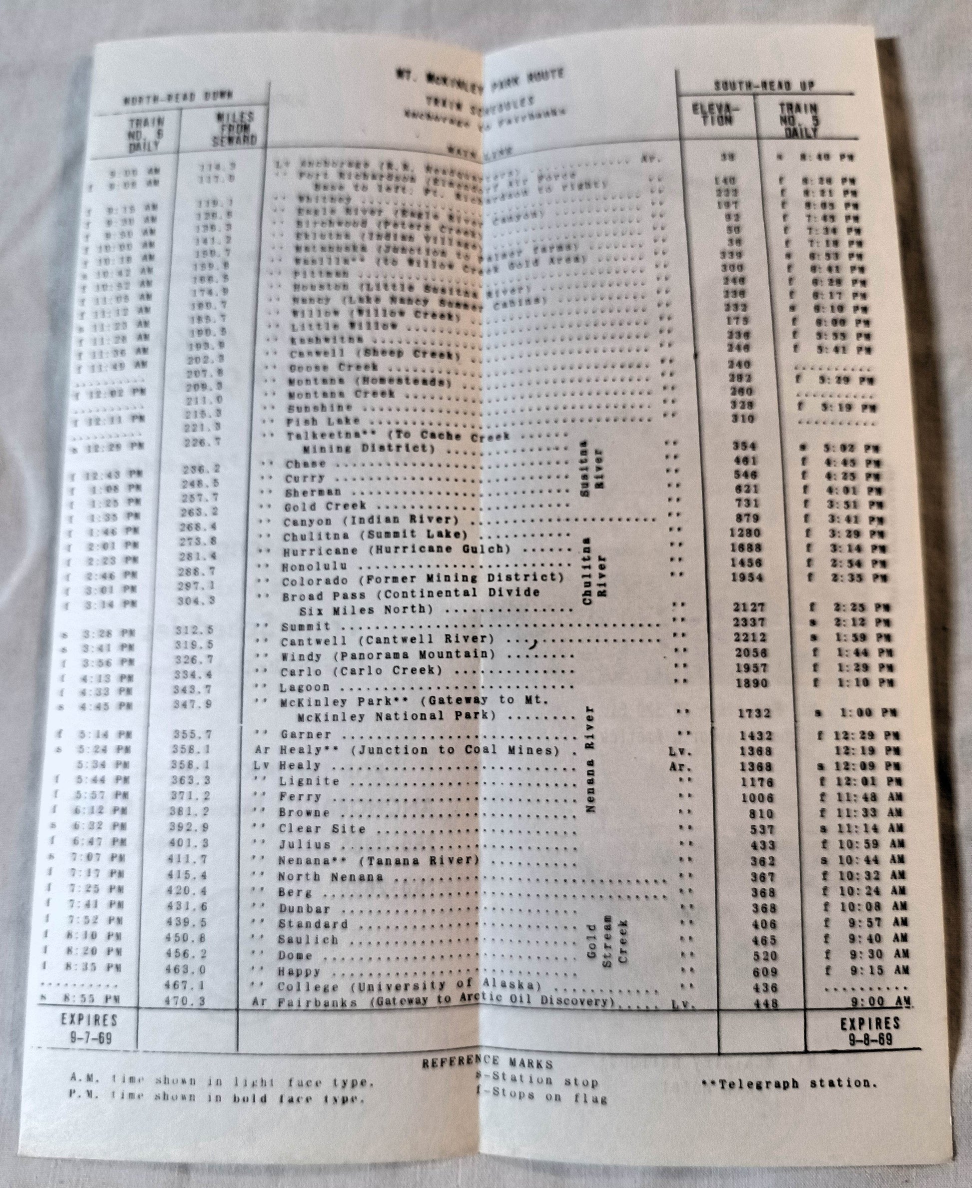Alaska Railroad Mt McKinley Park Route Passenger Train Schedule 1969 - TulipStuff