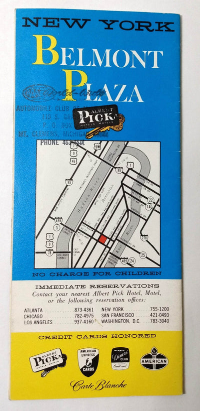 Albert Pick Belmont Plaza Hotel New York City Early 1960's Brochure - TulipStuff