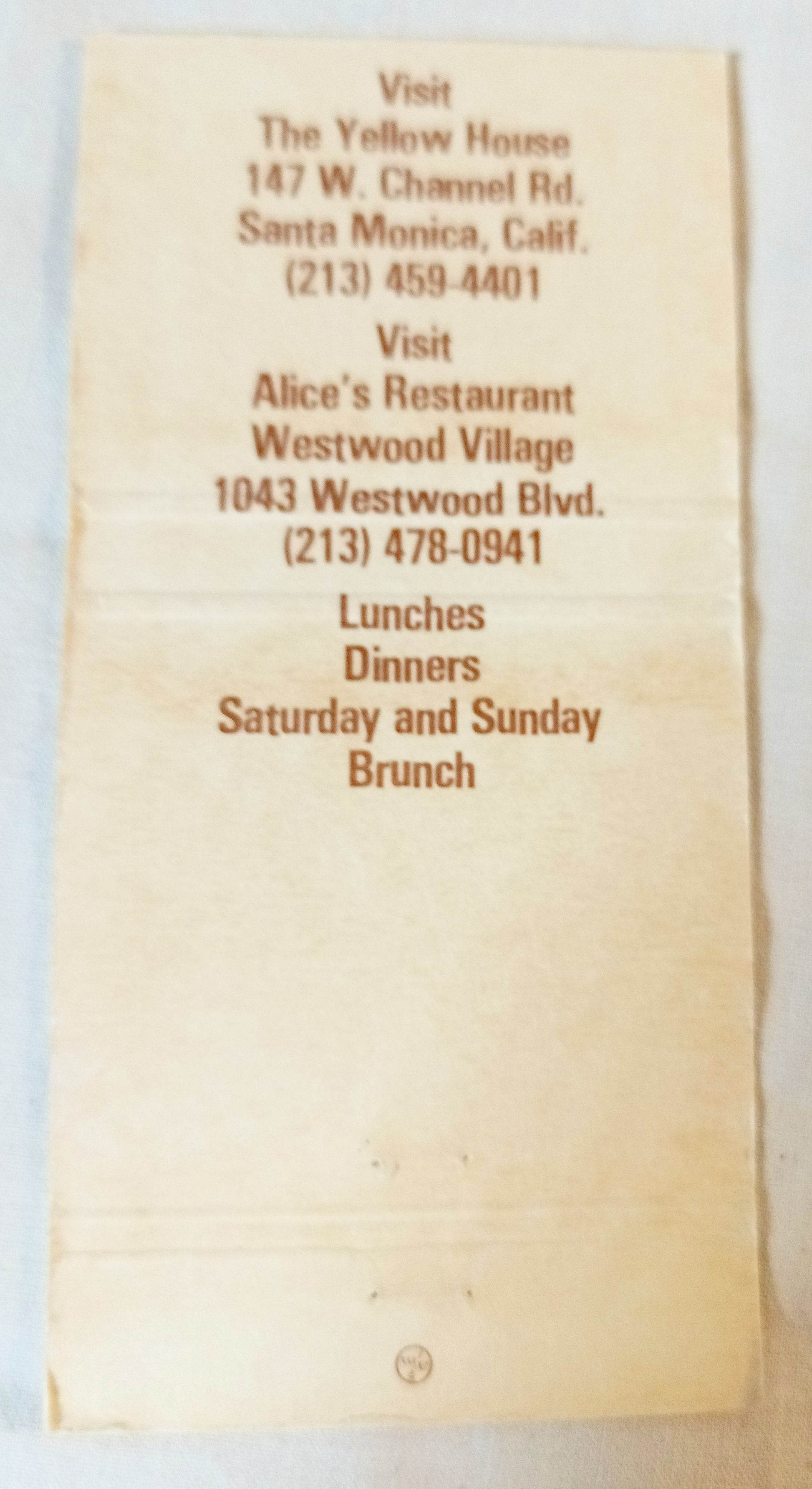 Alice's Restaurant Westwood / Yellow House Santa Monica Matchbook Cover - TulipStuff