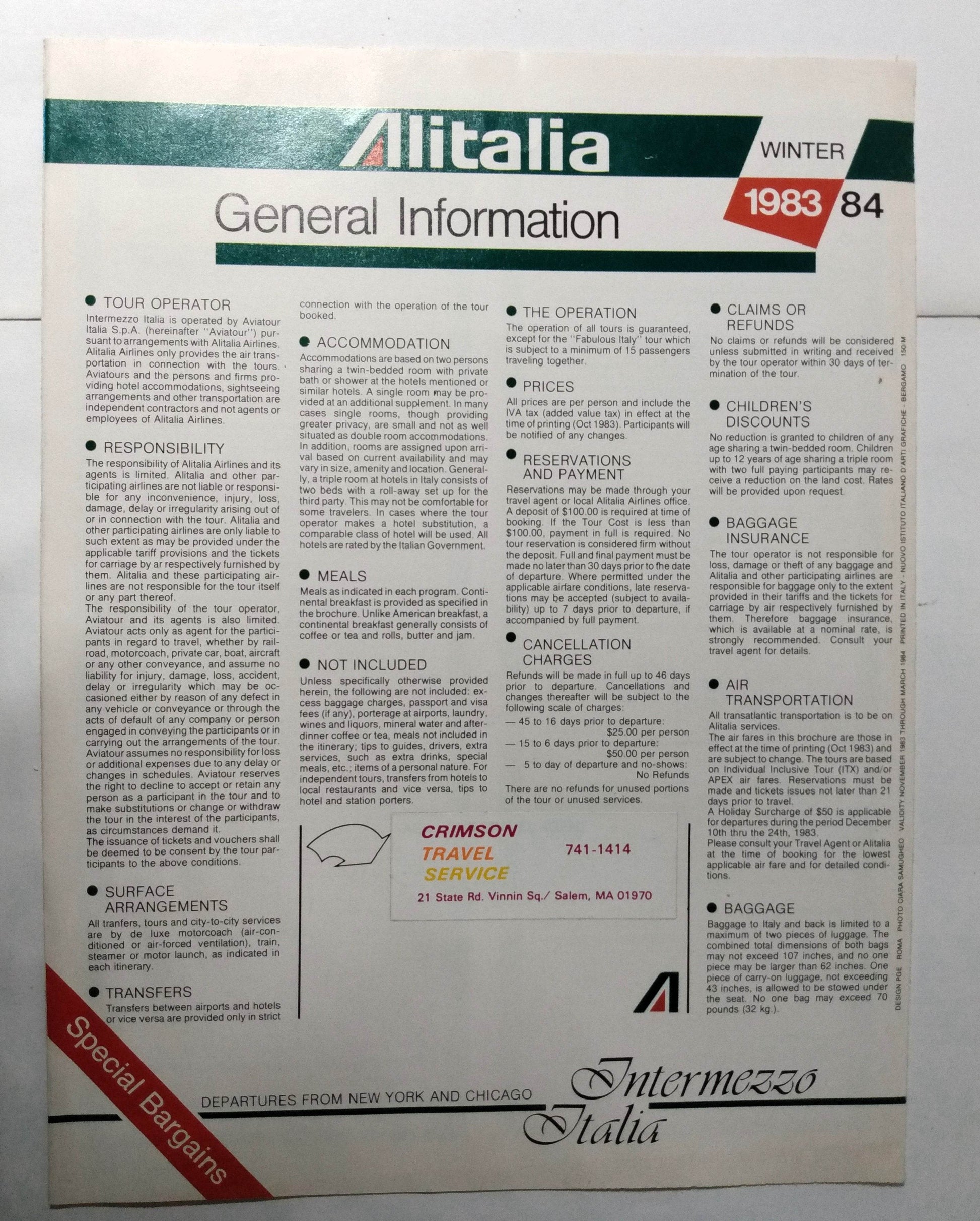 Alitalia Airlines Winter 1983-84 Italy Loves You Tour Brochure - TulipStuff