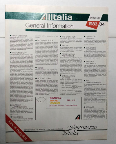 Alitalia Airlines Winter 1983-84 Italy Loves You Tour Brochure - TulipStuff