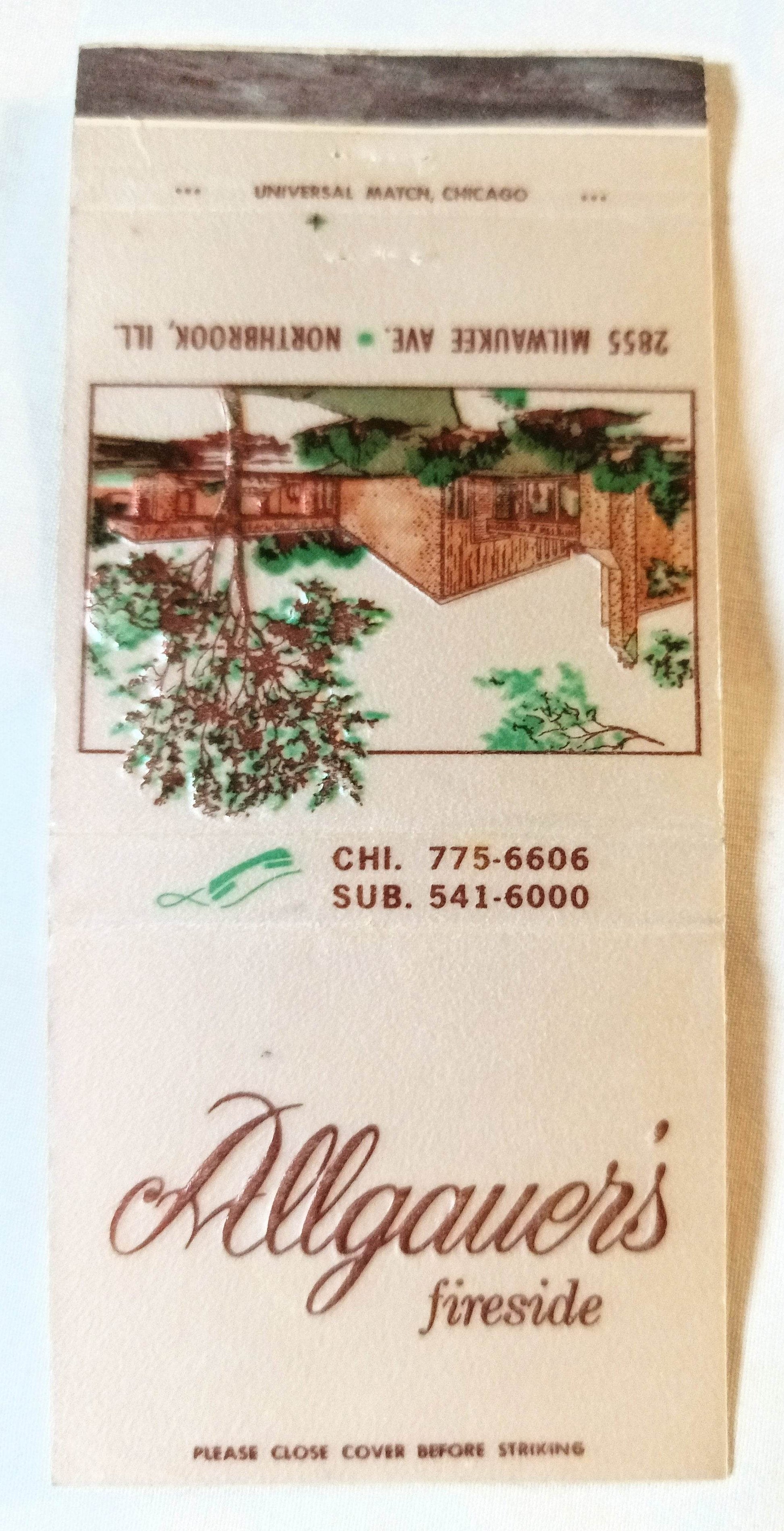 Allgauer's Fireside Restaurant Northbrook Illinois Matchbook Cover 1970's - TulipStuff