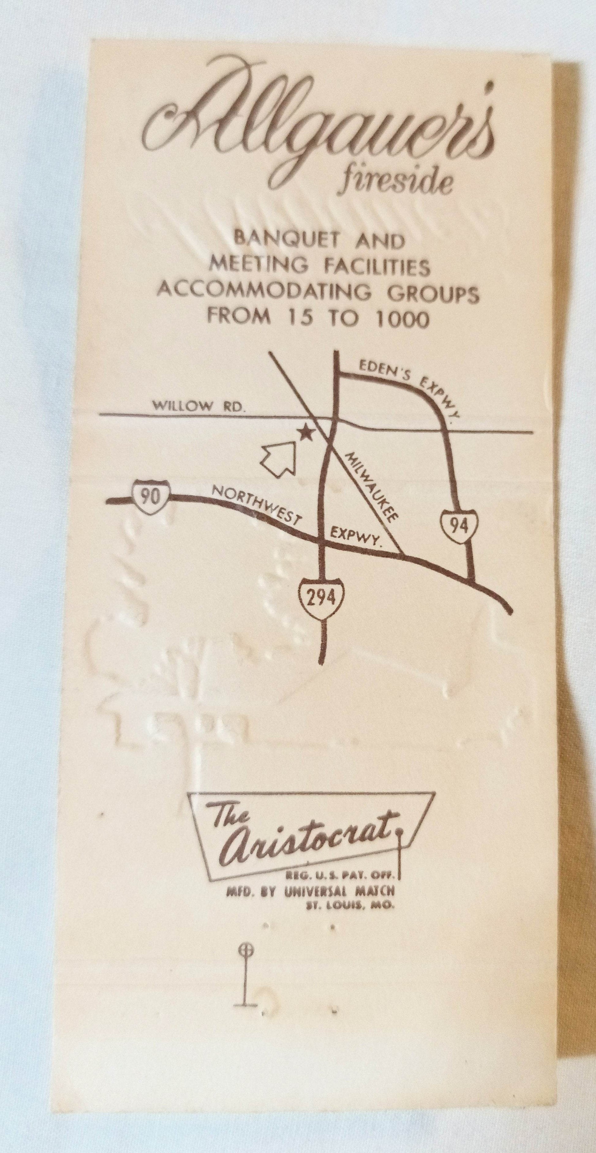 Allgauer's Fireside Restaurant Northbrook Illinois Matchbook Cover 1970's - TulipStuff