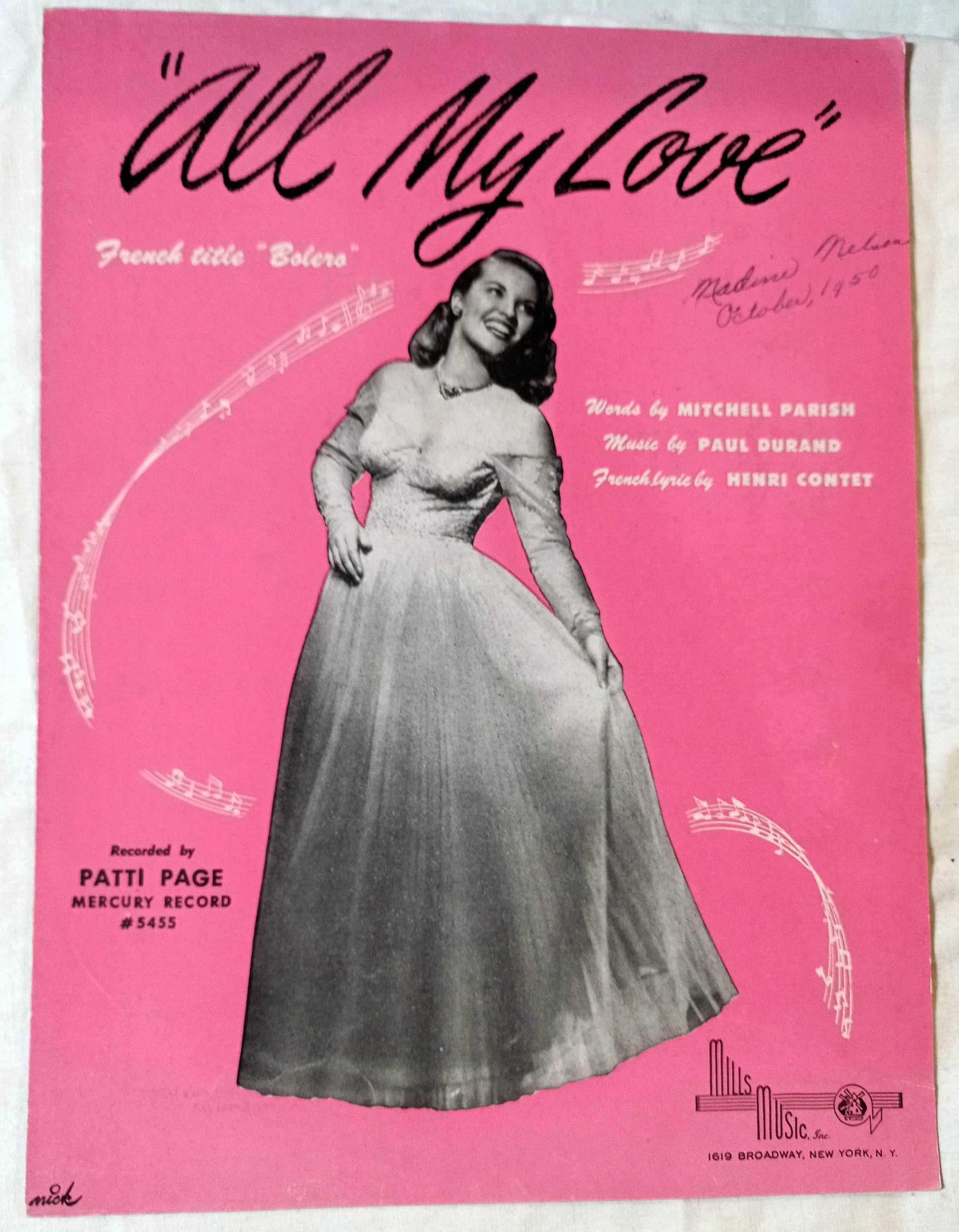 All My Love (Bolero) Patti Page Paul Durand Sheet Music 1950 - TulipStuff