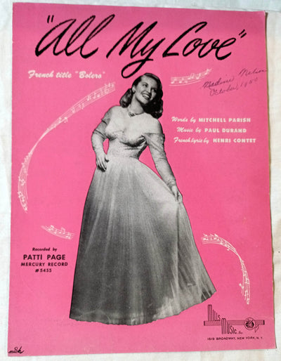 All My Love (Bolero) Patti Page Paul Durand Sheet Music 1950 - TulipStuff