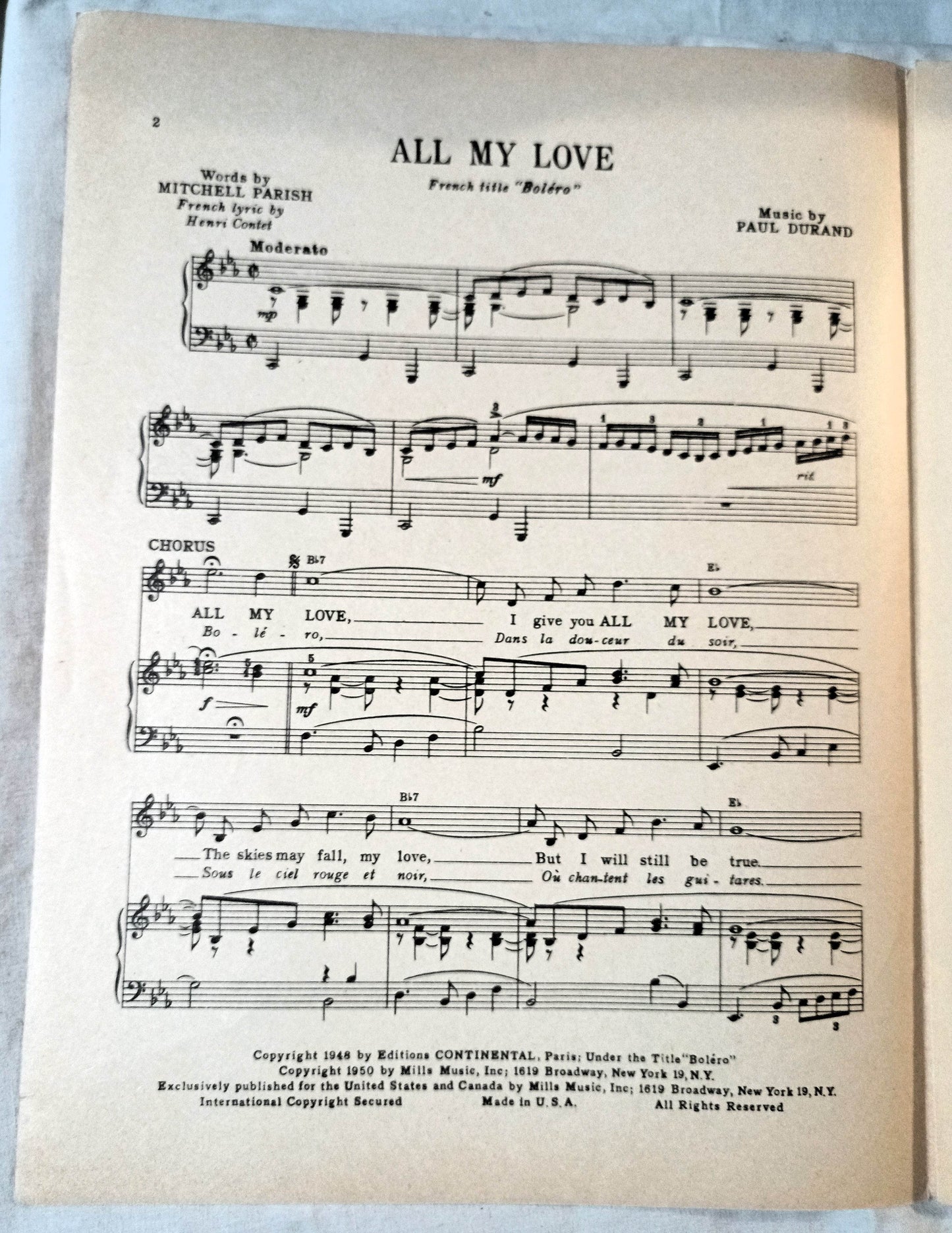 All My Love (Bolero) Patti Page Paul Durand Sheet Music 1950 - TulipStuff