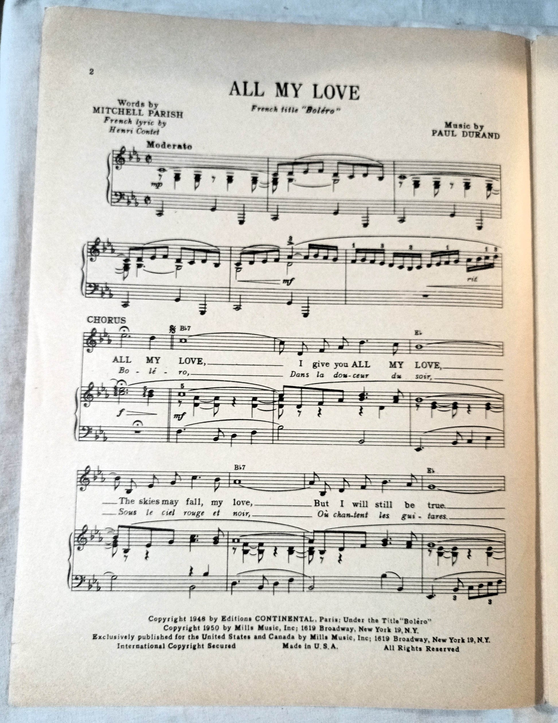 All My Love (Bolero) Patti Page Paul Durand Sheet Music 1950 - TulipStuff