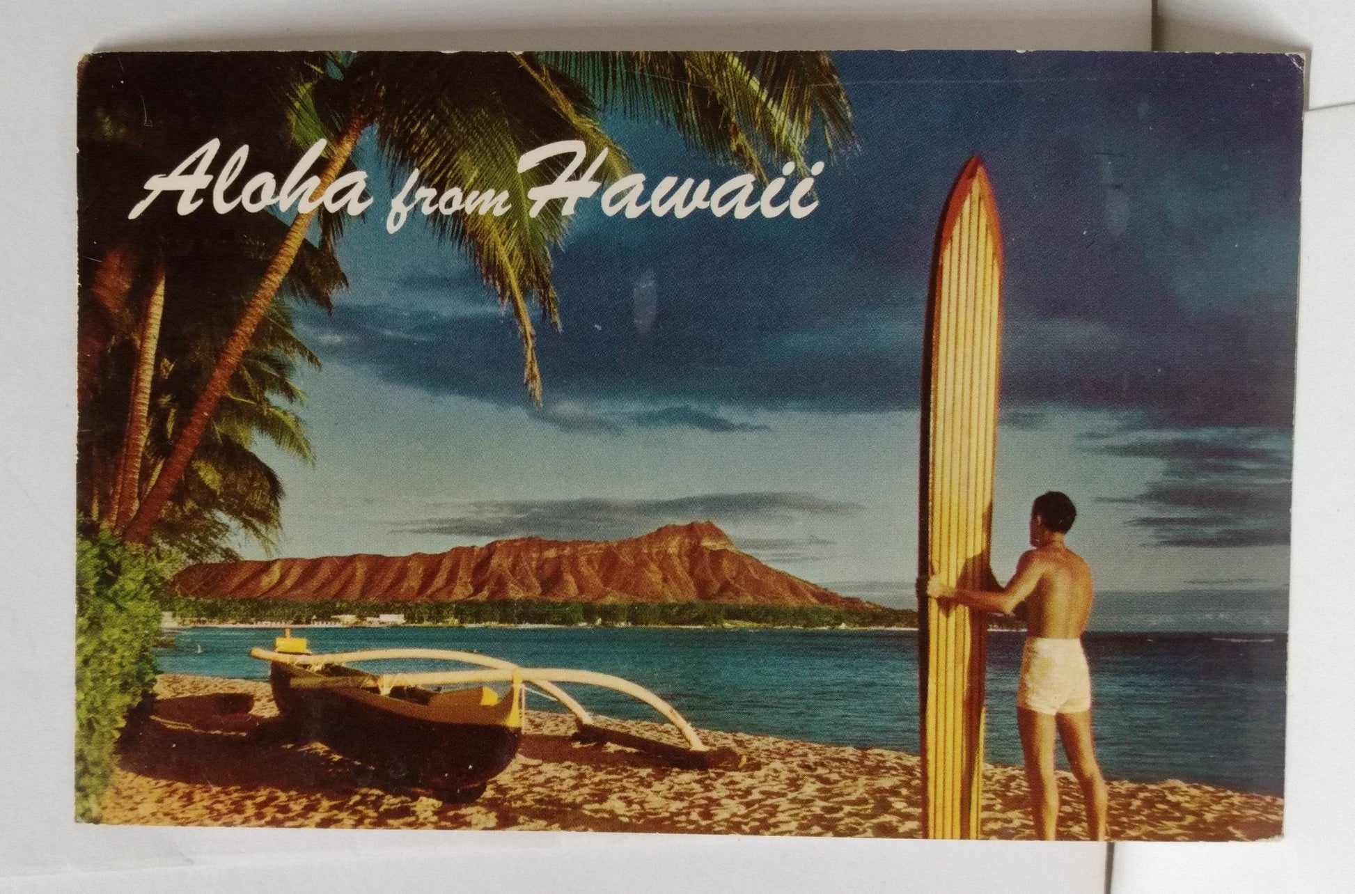 Aloha From Hawaii Surfer Outrigger Diamond Head Postcard 1962 - TulipStuff