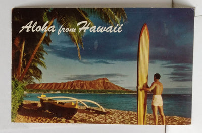 Aloha From Hawaii Surfer Outrigger Diamond Head Postcard 1962 - TulipStuff