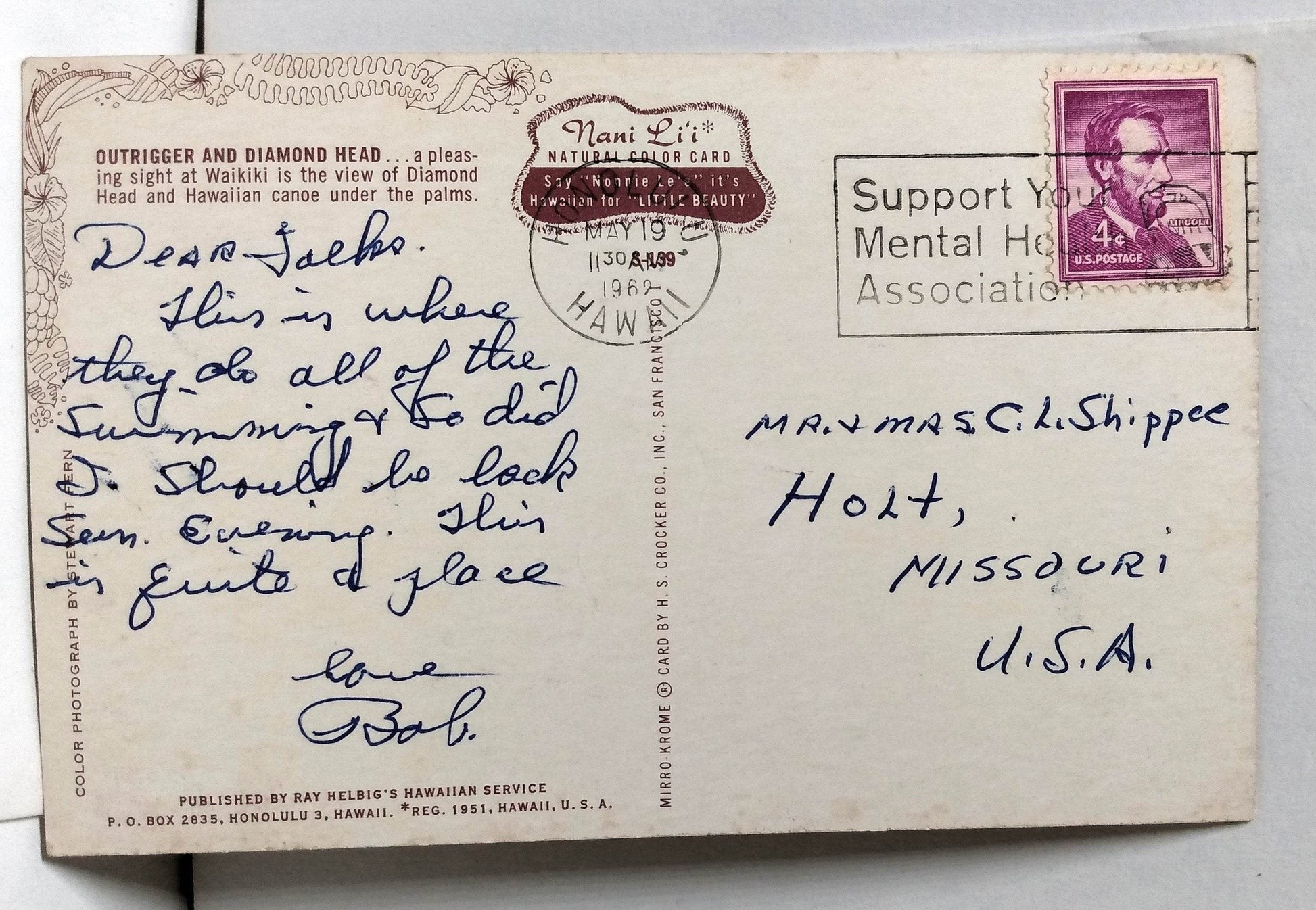 Aloha From Hawaii Surfer Outrigger Diamond Head Postcard 1962 - TulipStuff