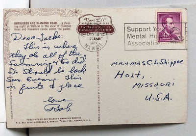 Aloha From Hawaii Surfer Outrigger Diamond Head Postcard 1962 - TulipStuff