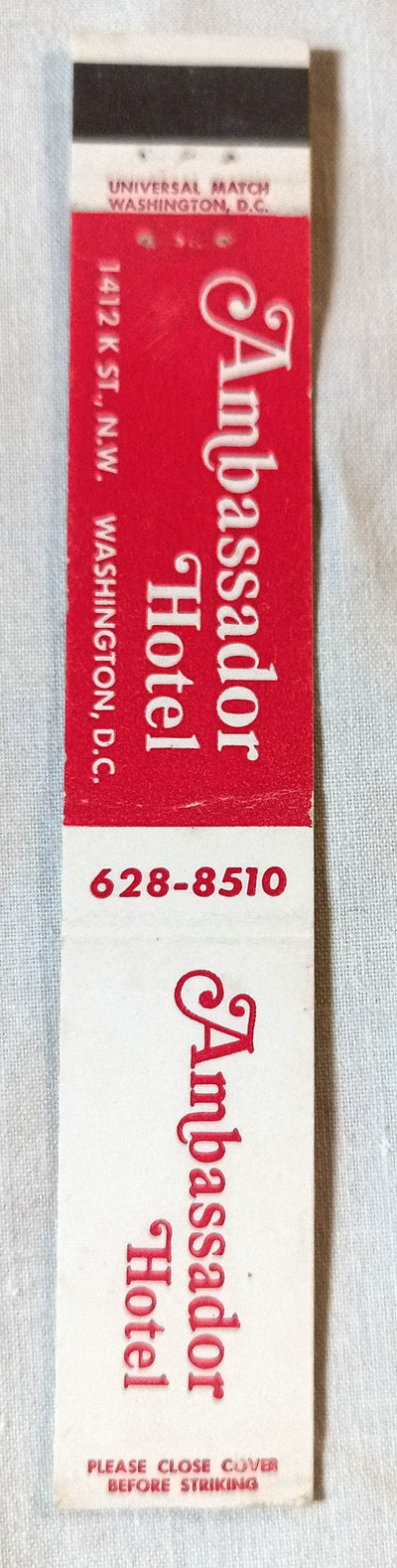 Ambassador Hotel 14th K St NW Washington DC Matchbook Cover 1960's - TulipStuff
