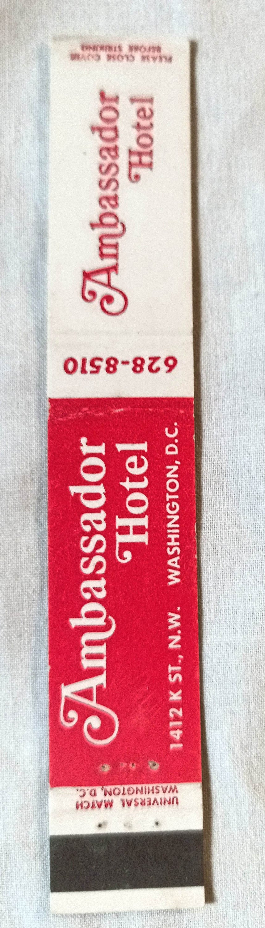 Ambassador Hotel 14th K St NW Washington DC Matchbook Cover 1960's - TulipStuff