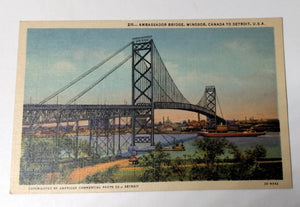 Ambassador Bridge Detroit Michigan To Windsor Ontario 1940's Linen Postcard - TulipStuff