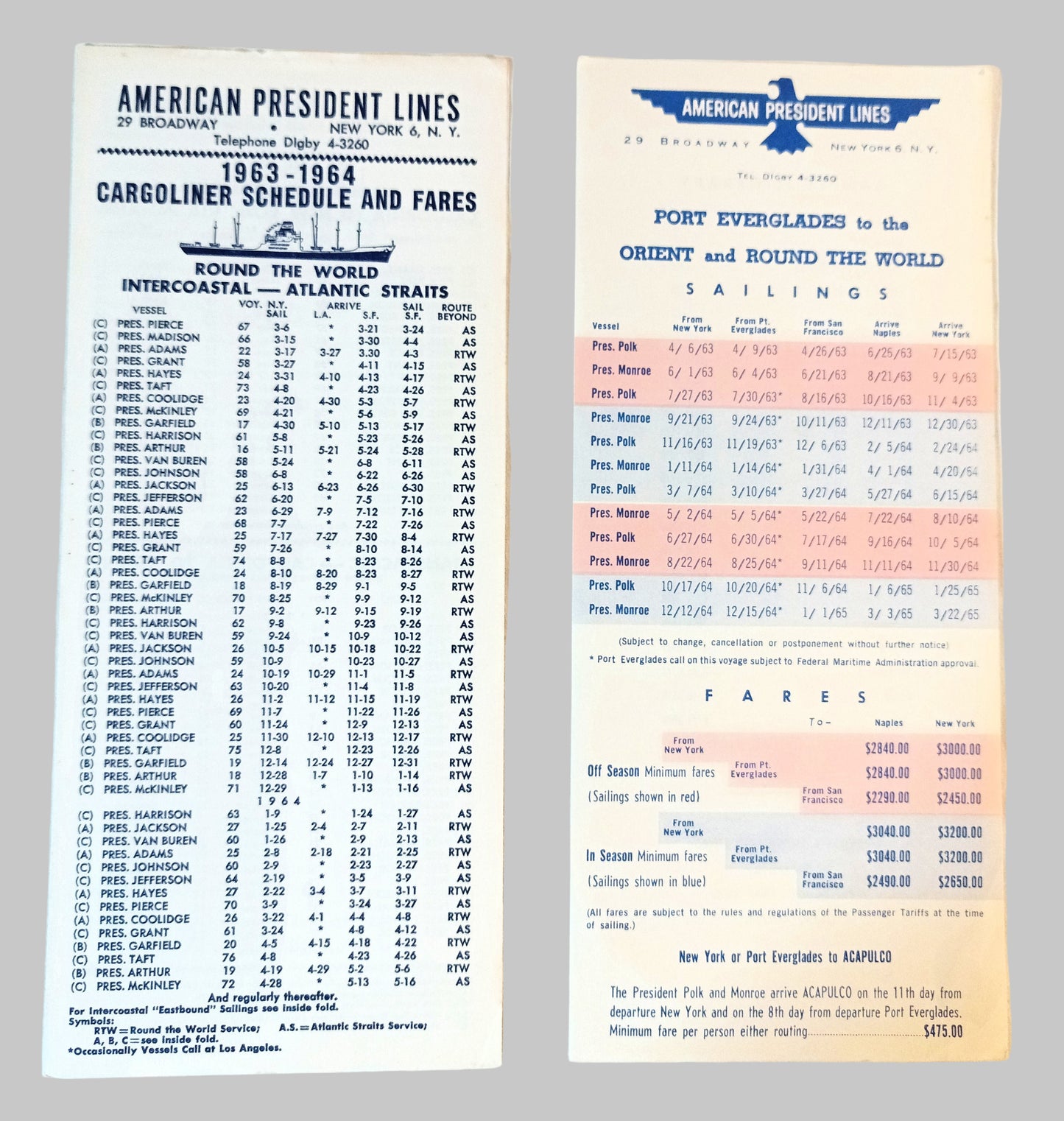 American President Lines Cargoliner Schedules Fares Brochures 1963-65 - TulipStuff