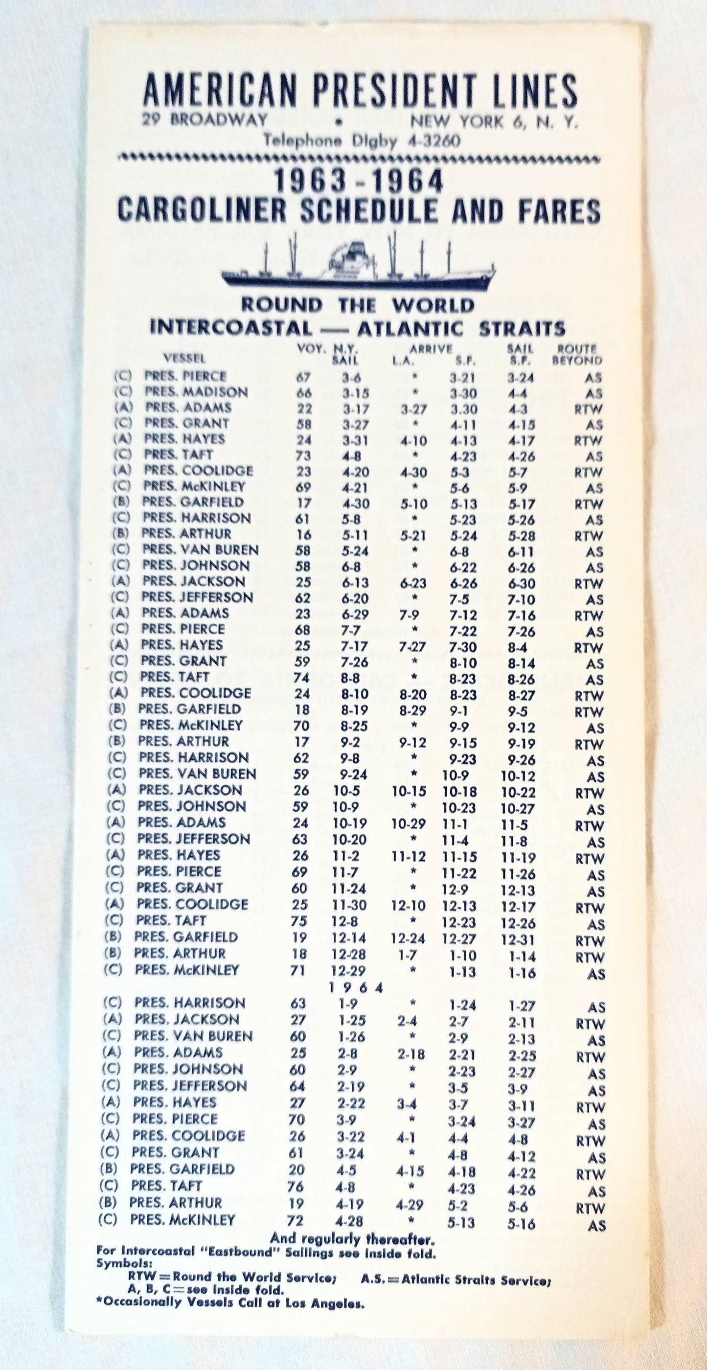 American President Lines Cargoliner Schedules Fares Brochures 1963-65 - TulipStuff