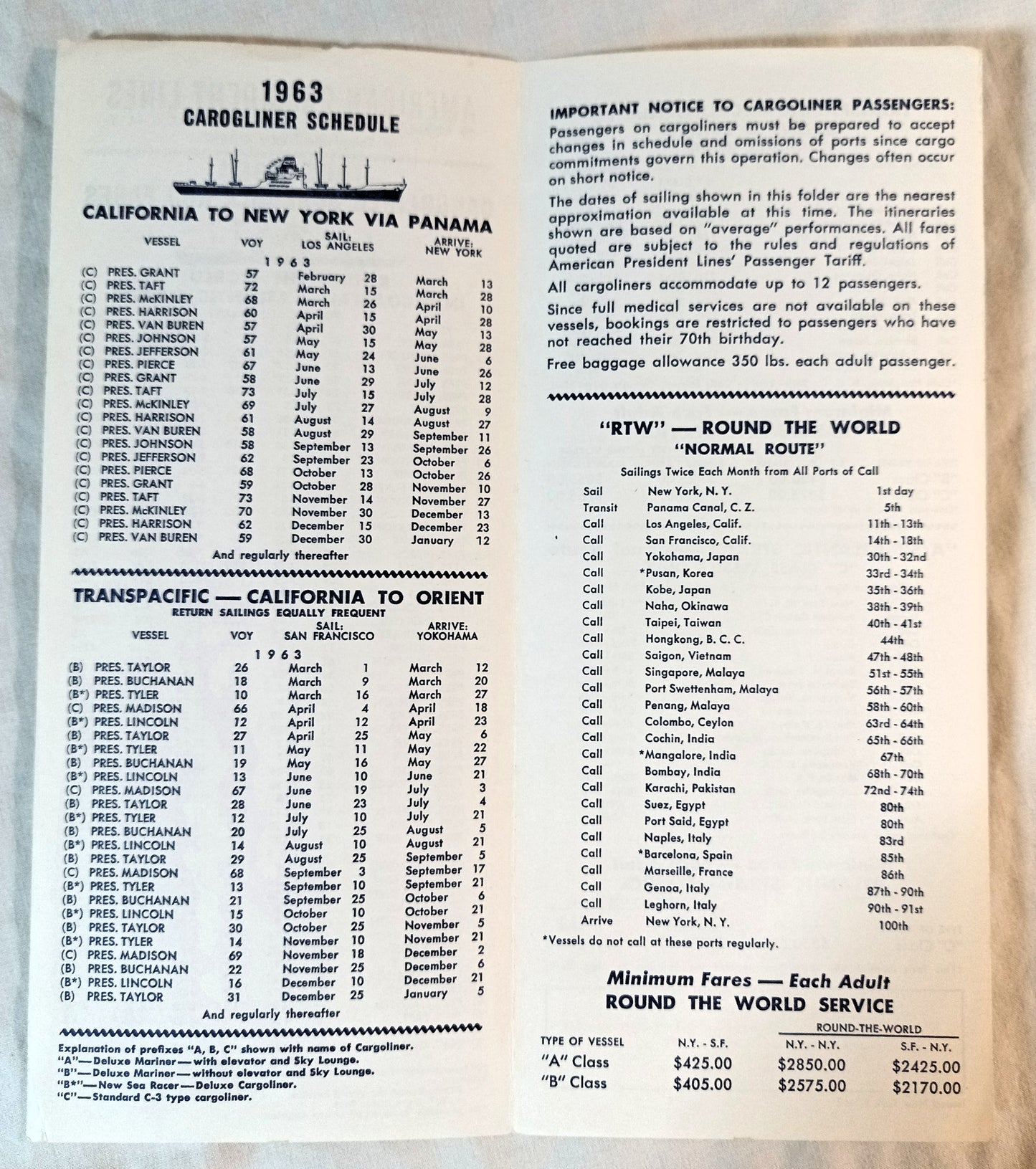 American President Lines Cargoliner Schedules Fares Brochures 1963-65 - TulipStuff