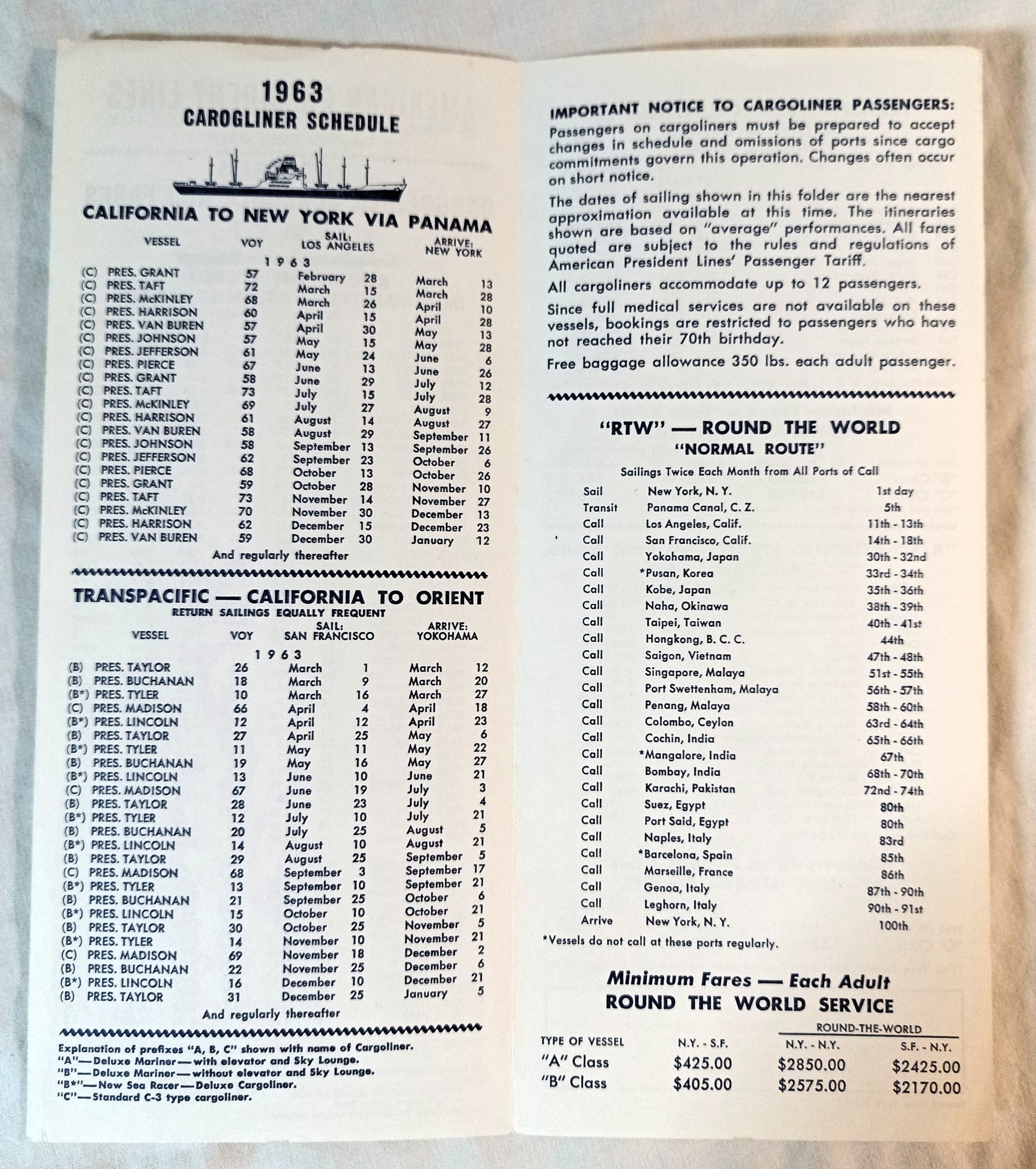 American President Lines Cargoliner Schedules Fares Brochures 1963-65 - TulipStuff