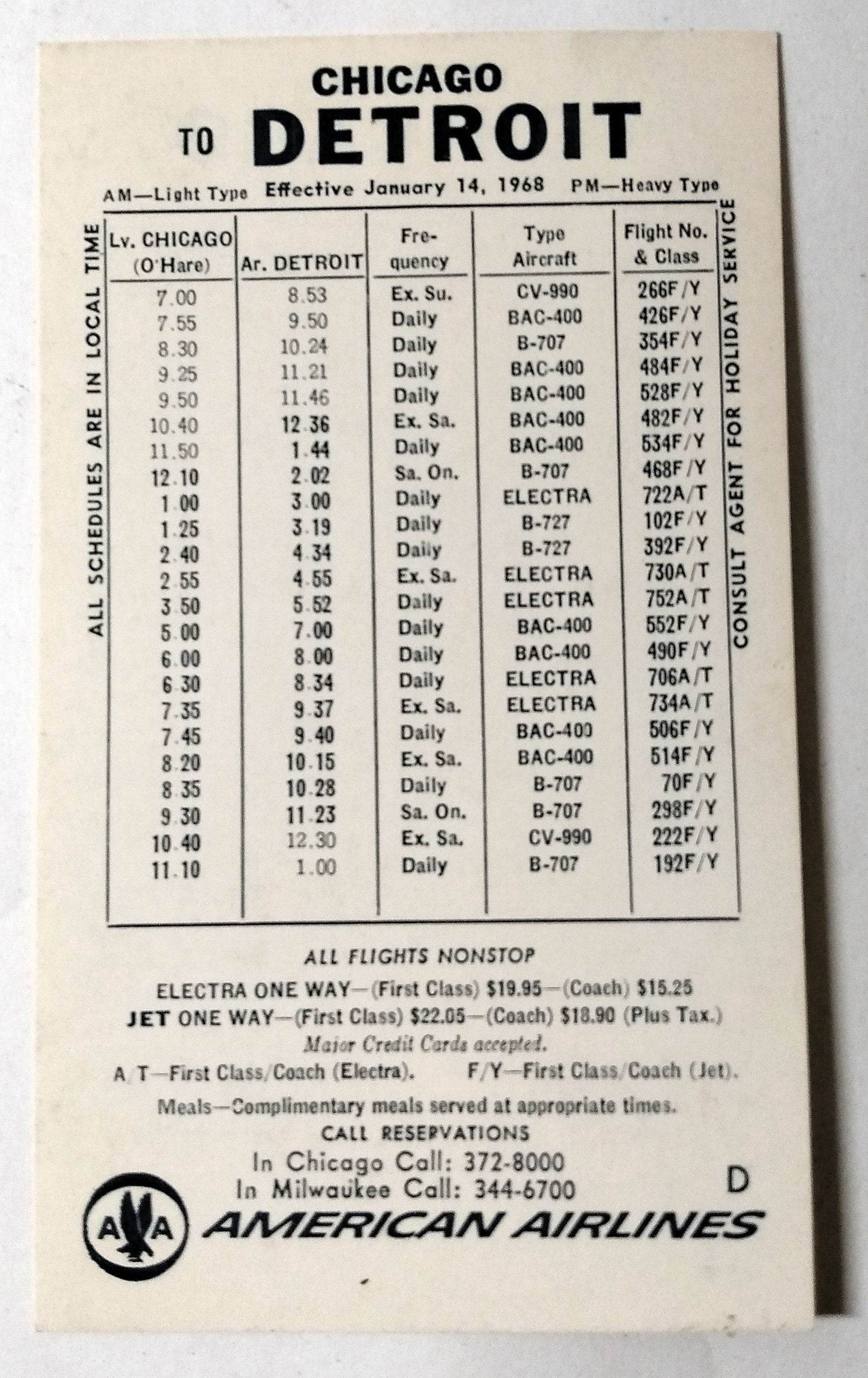American Airlines 1968 Chicago Detroit Flight Schedule Card - TulipStuff